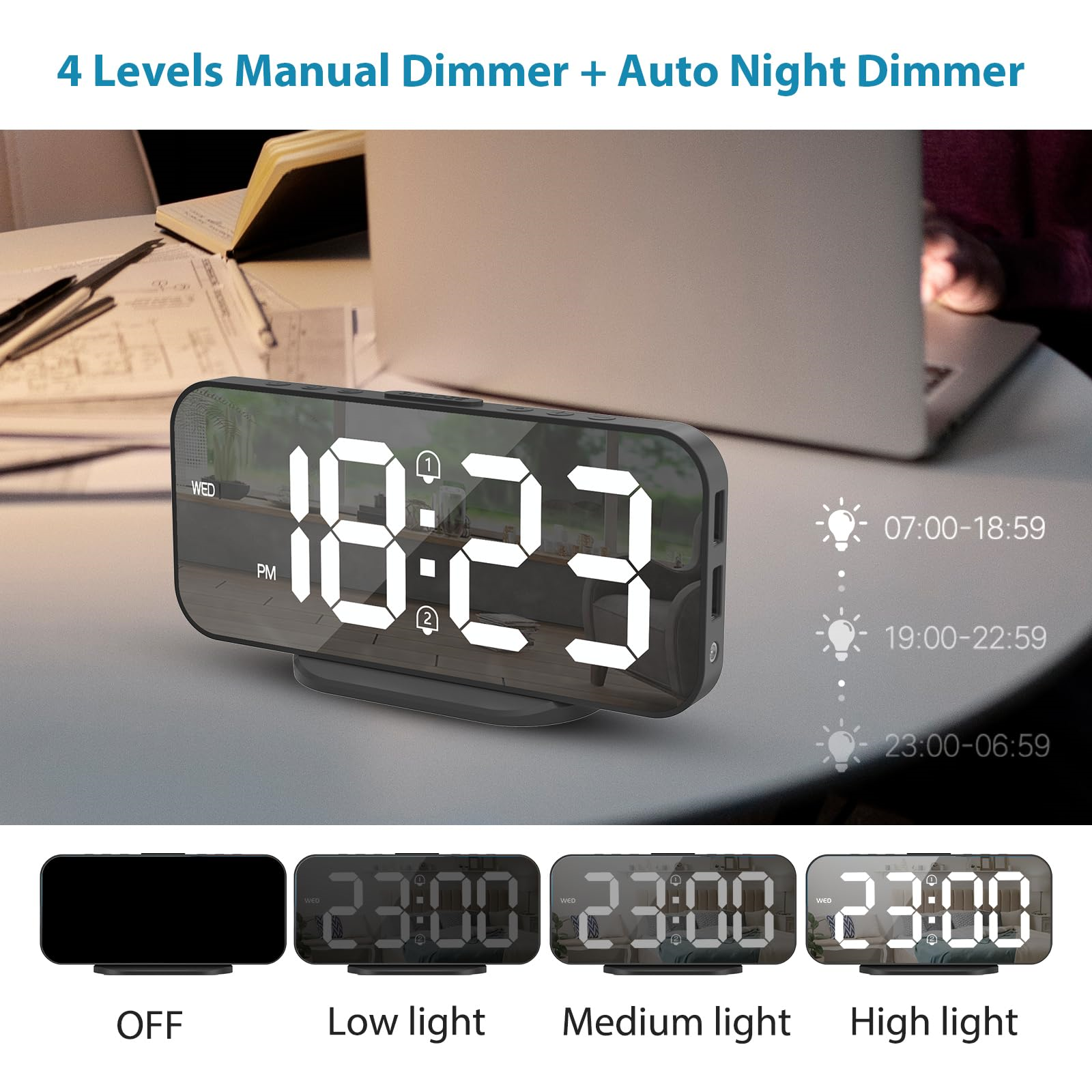Schwarze Digitaluhr mit weißen Zahlen, verschiedenen Lichteinstellungen und weißer Oberfläche.