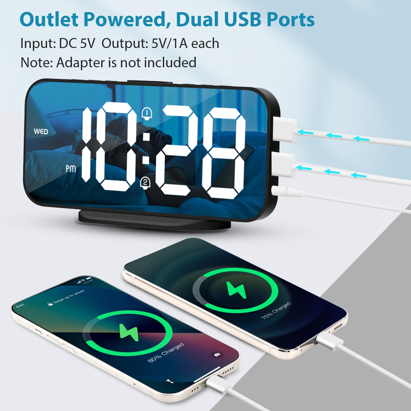 Schwarzer Wecker mit Digitalanzeige, zwei Telefone laden über USB. Text: "Steckdose betrieben, Duale USB-Anschlüsse".