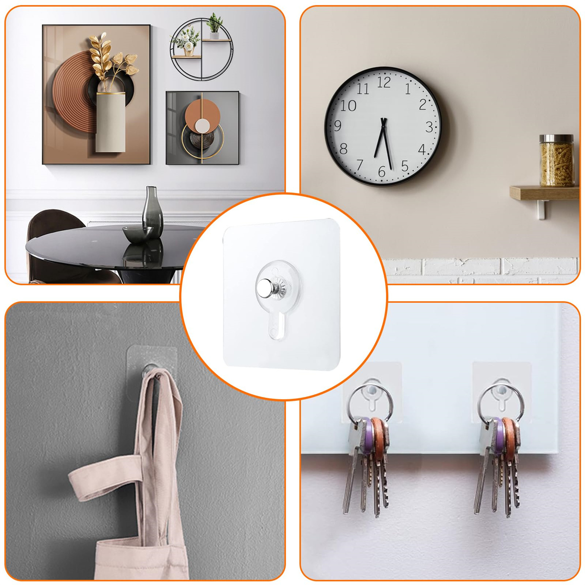 Collage aus Wanddekoration: Gemälde, Uhr, Schlüssel und Haken. Verschiedene Hintergründe.