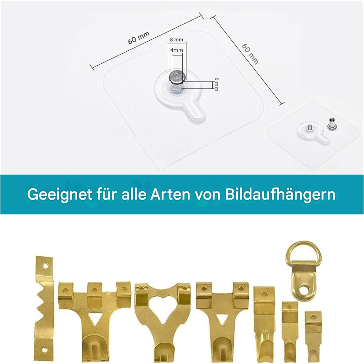 Klebepads und verschiedene Bilderhaken. Abmessungen eines Pads werden zum Größenvergleich angezeigt.