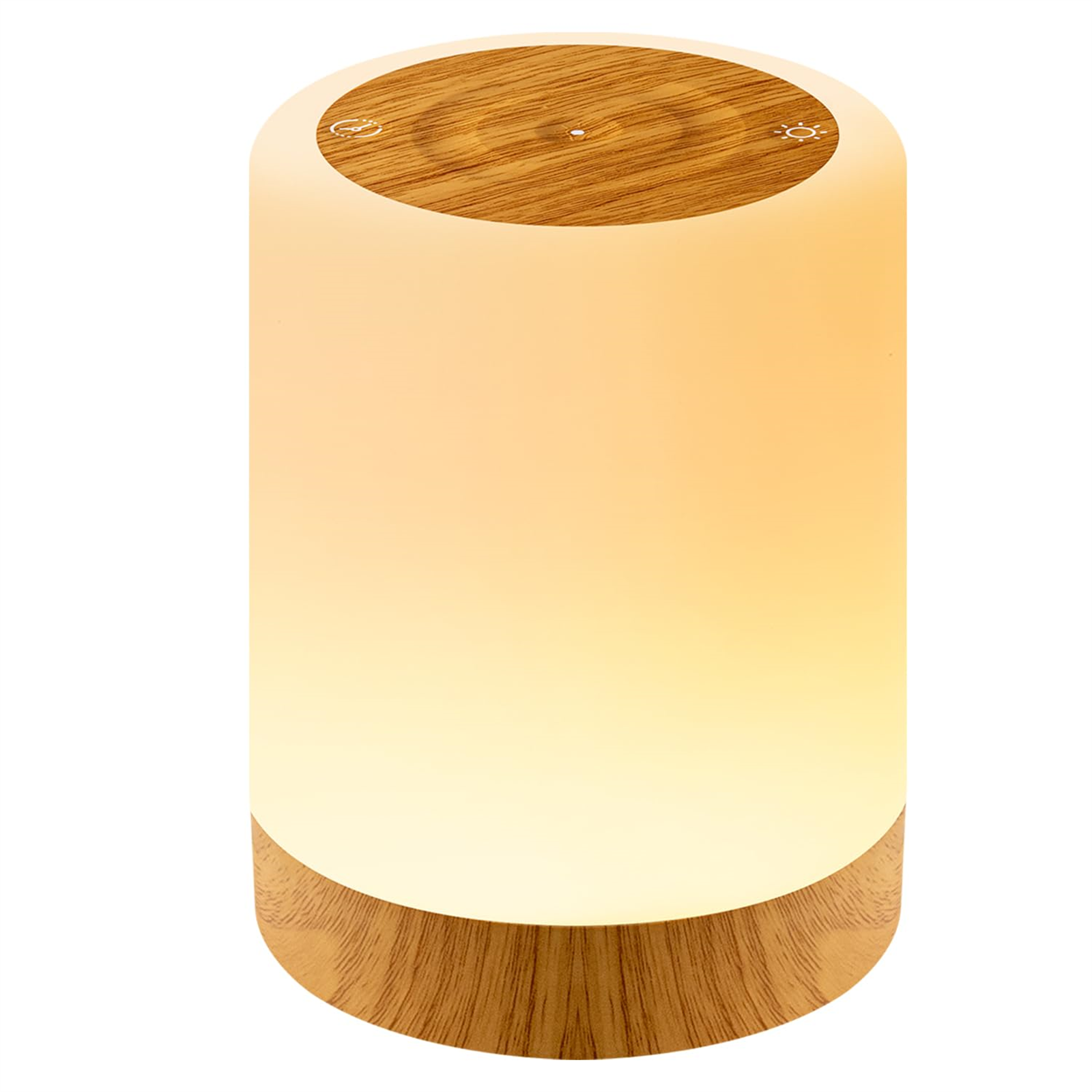 Lampada cilindrica in legno e bianca che emette una luce calda, parte superiore e base in legno, sfondo bianco.