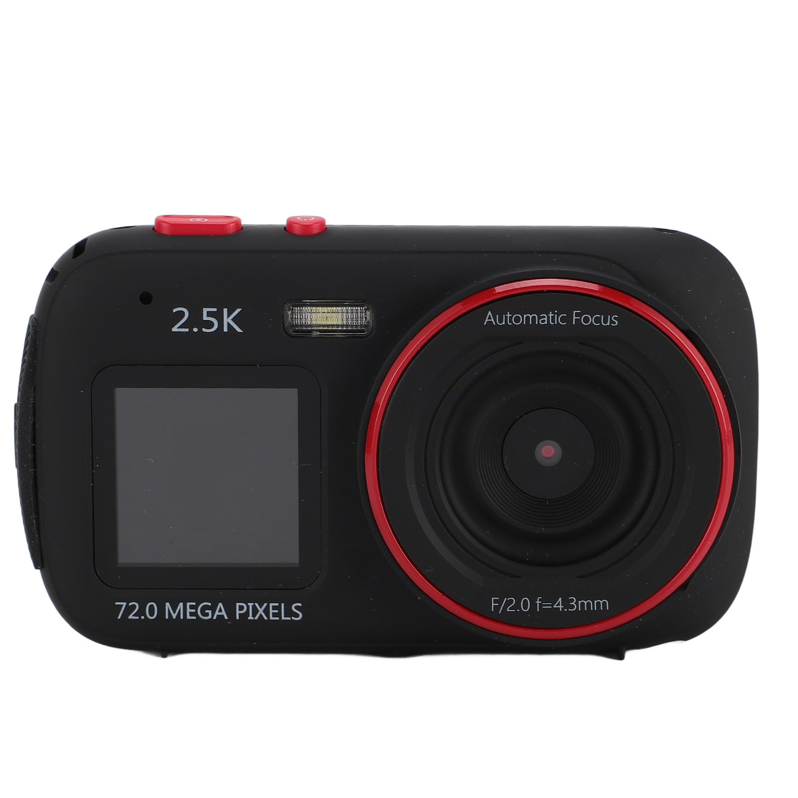 Schwarze Kamera mit roten Akzenten. Merkmale sind 2,5K Auflösung, 72,0 Megapixel und Autofokus.