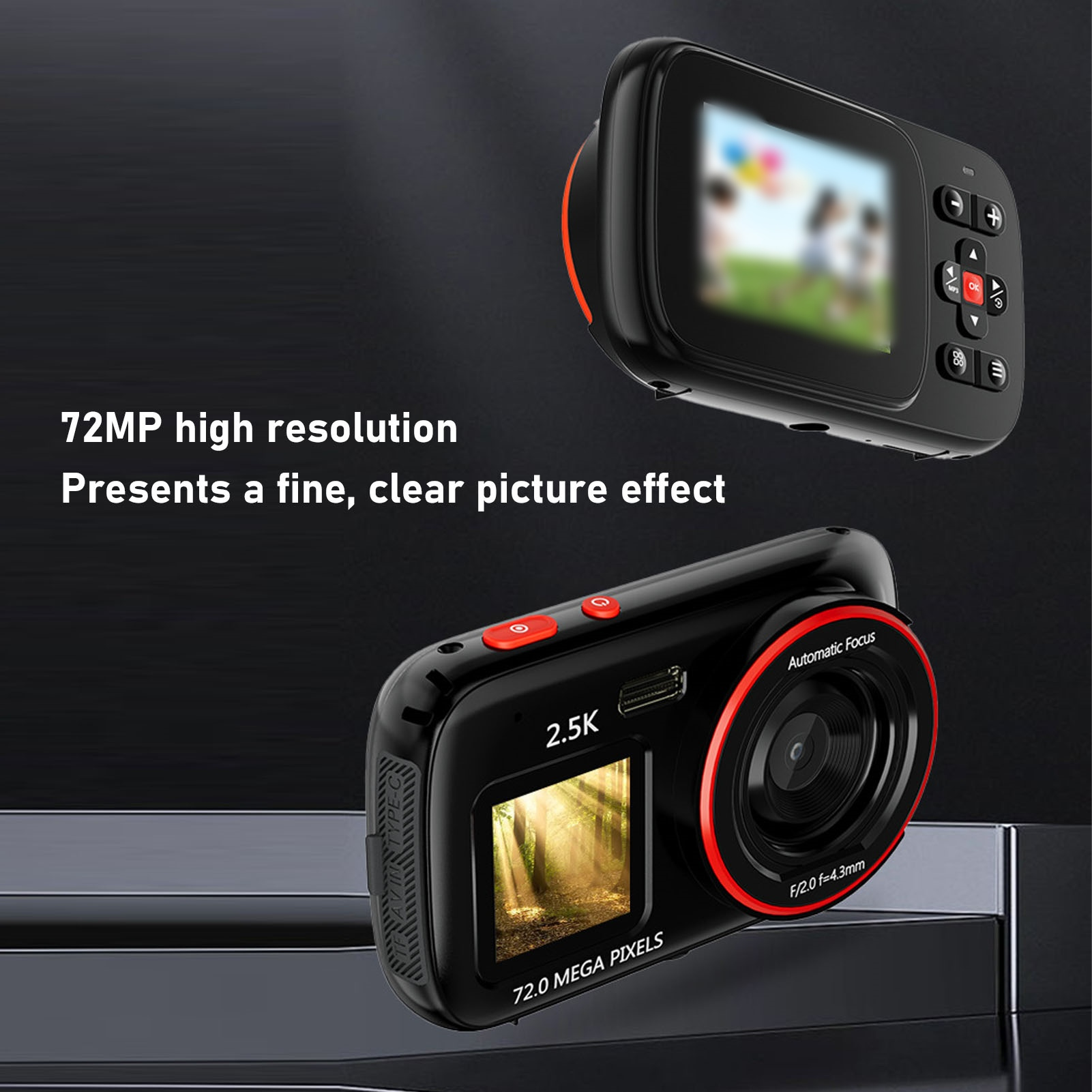 Schwarze Kamera mit Bildschirm, 72,0 Megapixeln und Autofokus. Eine weitere Kamera im Hintergrund.