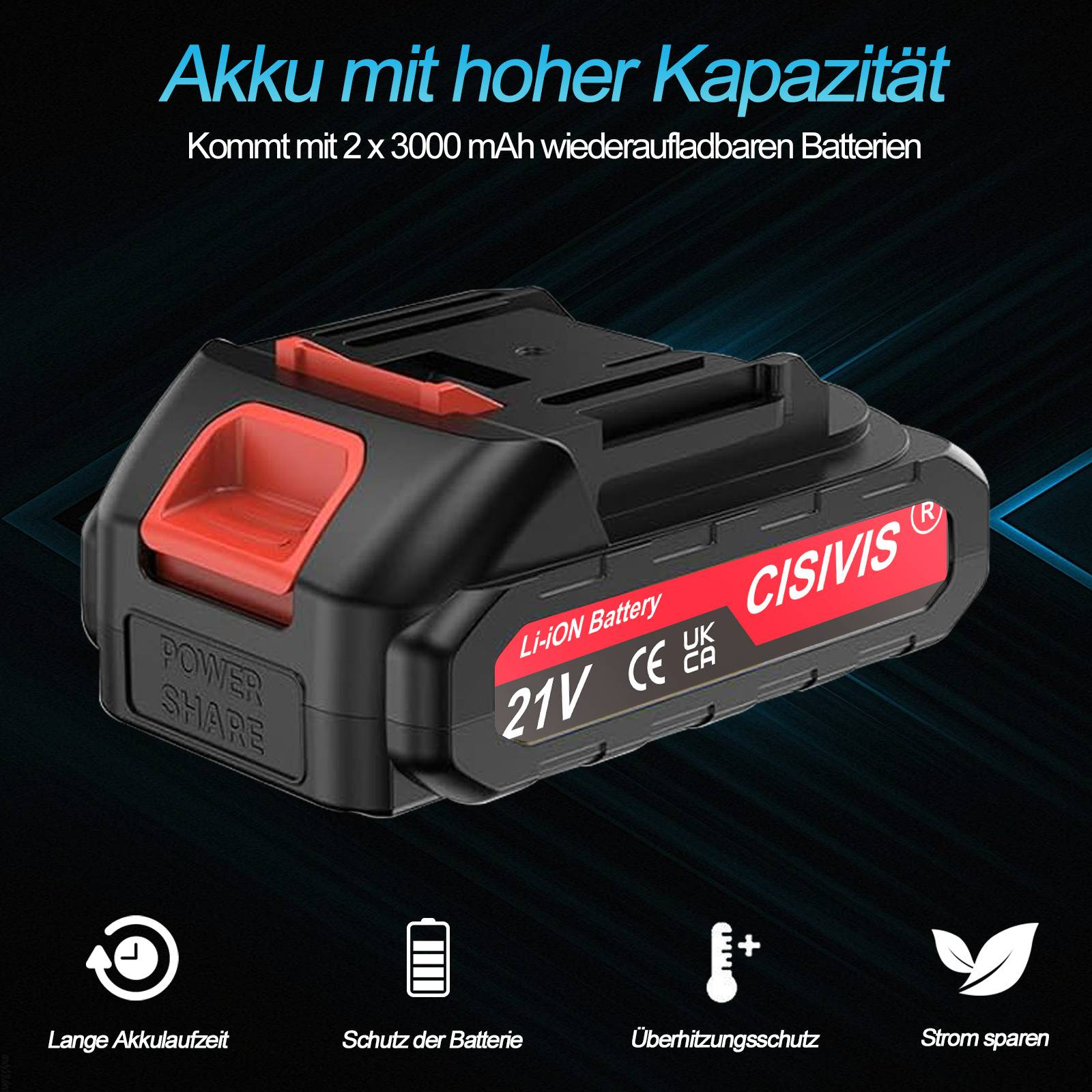 Ein schwarzes und rotes Akku-Pack mit Text. Es trägt die Aufschriften 'Li-ION Battery' und 'Power Share'.
