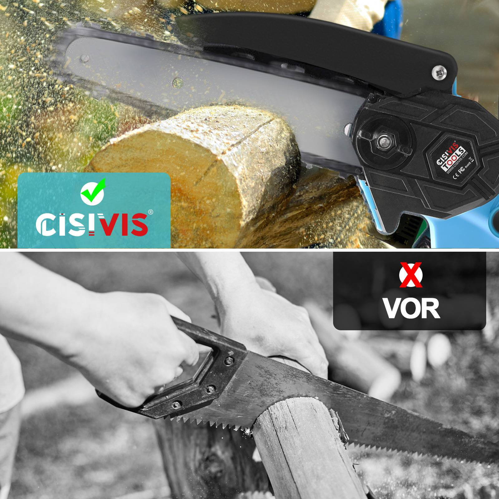 Kettensäge schneidet Holz; Text-Overlay mit Haken und rotem X, gut/schlecht.