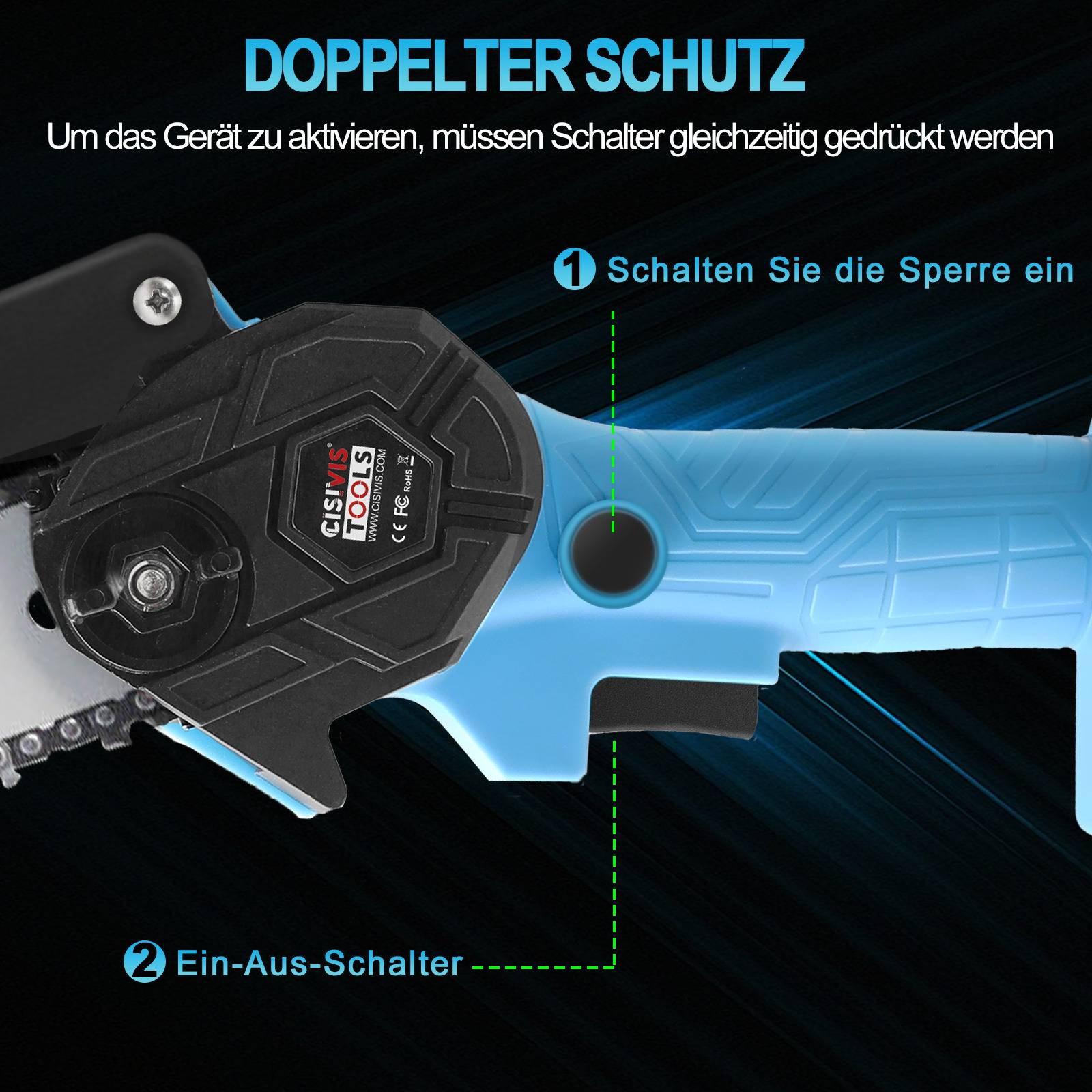 Blaue Kettensäge mit Text, der Sicherheitsmerkmale anzeigt. Die Säge vor dunklem Hintergrund.