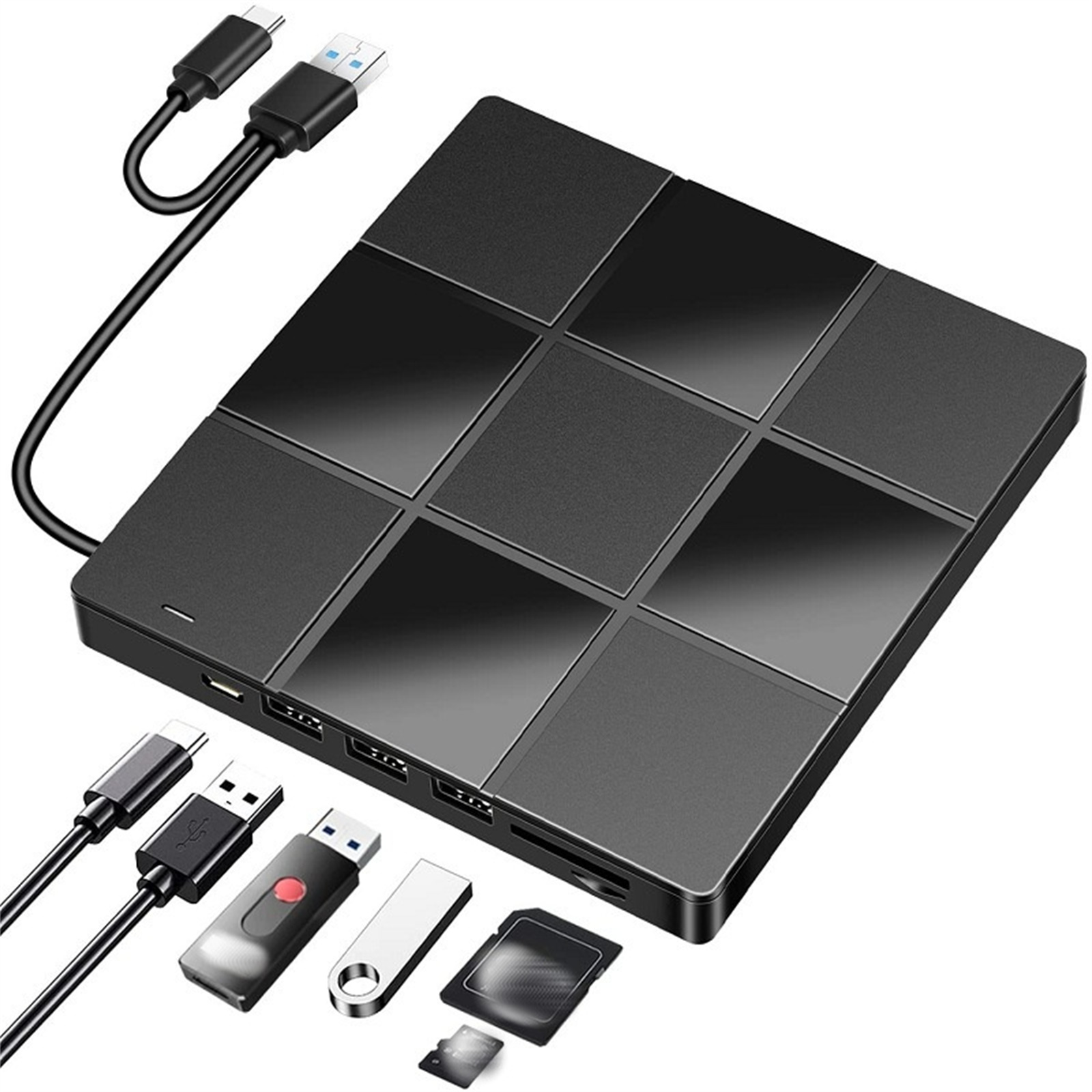 Schwarzer Hub mit mehreren Anschlüssen und einem USB-Kabel sowie verschiedenen Speichergeräten.
