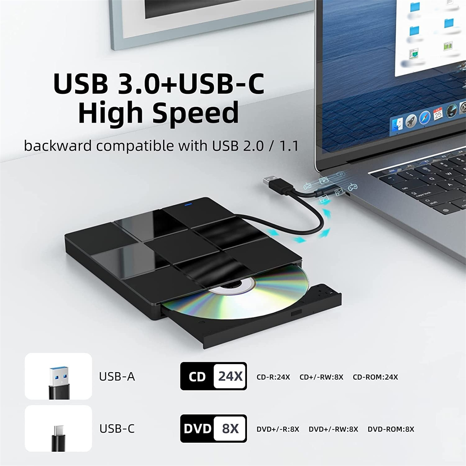 Ein schwarzes externes CD/DVD-Laufwerk, das über USB mit einem Laptop verbunden ist, mit USB-A- und USB-C-Anschlüssen.