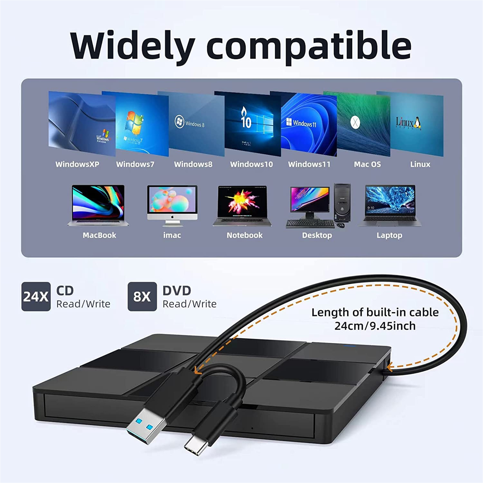 Tragbarer DVD/CD-Brenner, kompatibel mit verschiedenen Betriebssystemen, mit USB-Kabel angeschlossen.