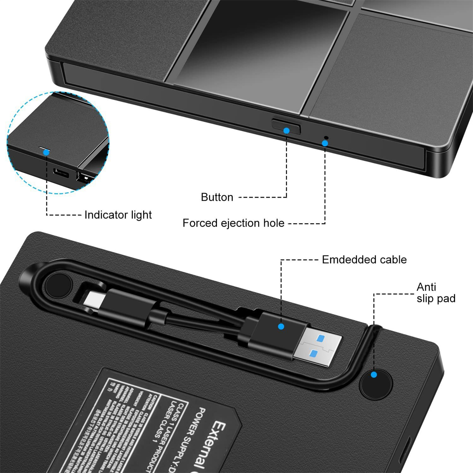 Ein schwarzes Gerät mit USB-Kabel und Knopf wird mit Beschriftungen und Abmessungen gezeigt.