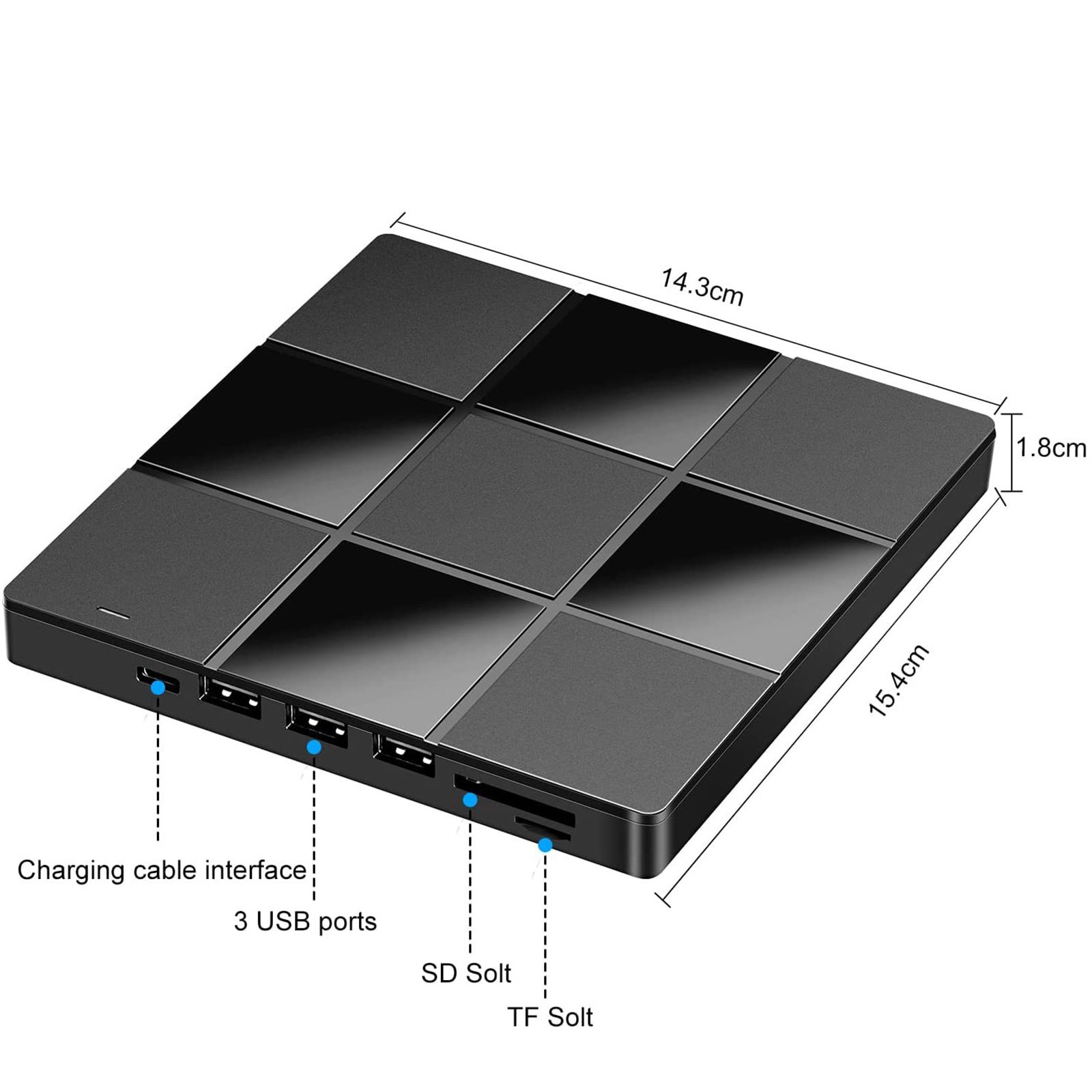 Schwarze TV-Box mit mehreren USB-Anschlüssen, SD- und TF-Kartensteckplätzen und Abmessungen auf der Oberfläche.