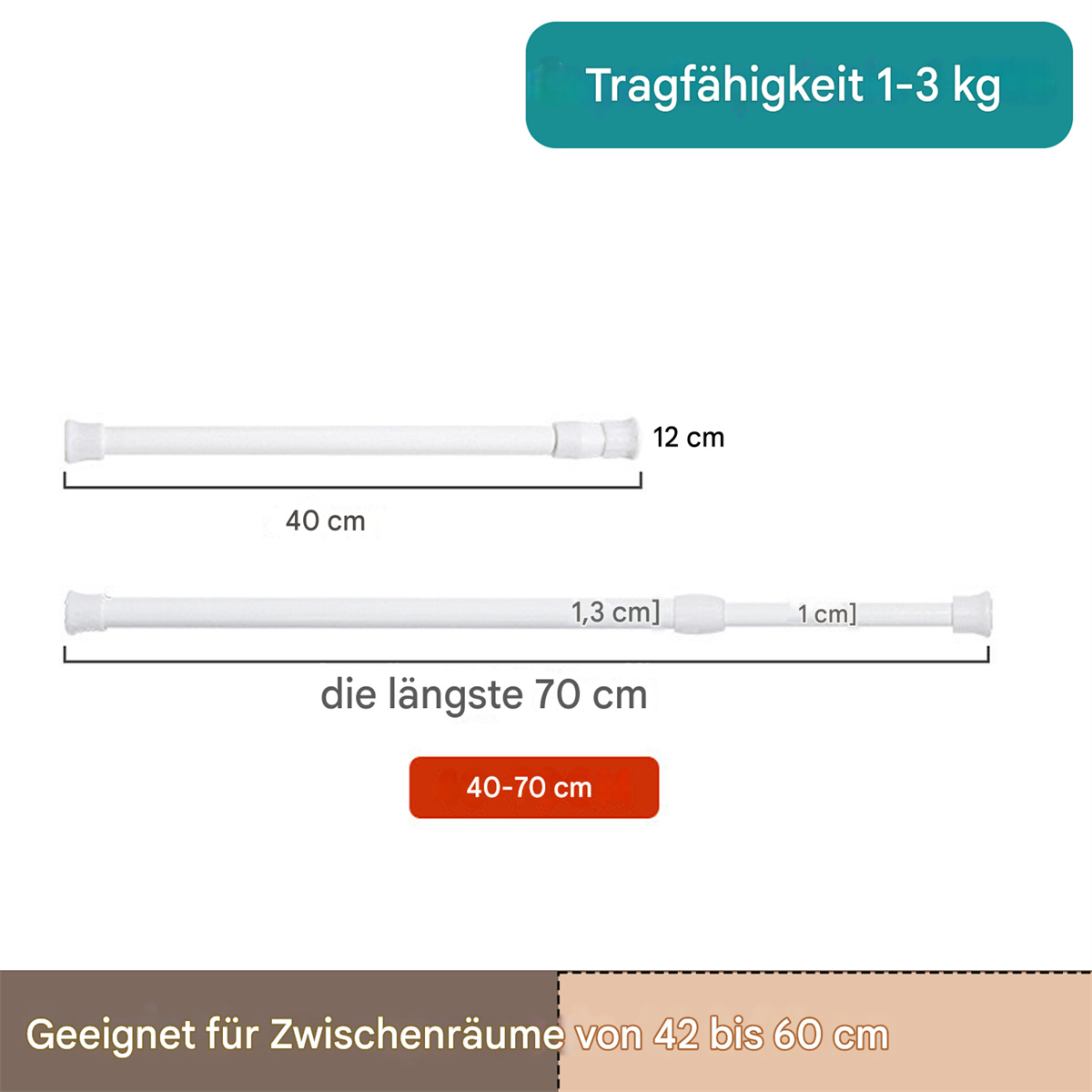 Weiße, verstellbare Gardinenstangen. Der Text zeigt die Abmessungen und die Kapazität von 1-3 kg.
