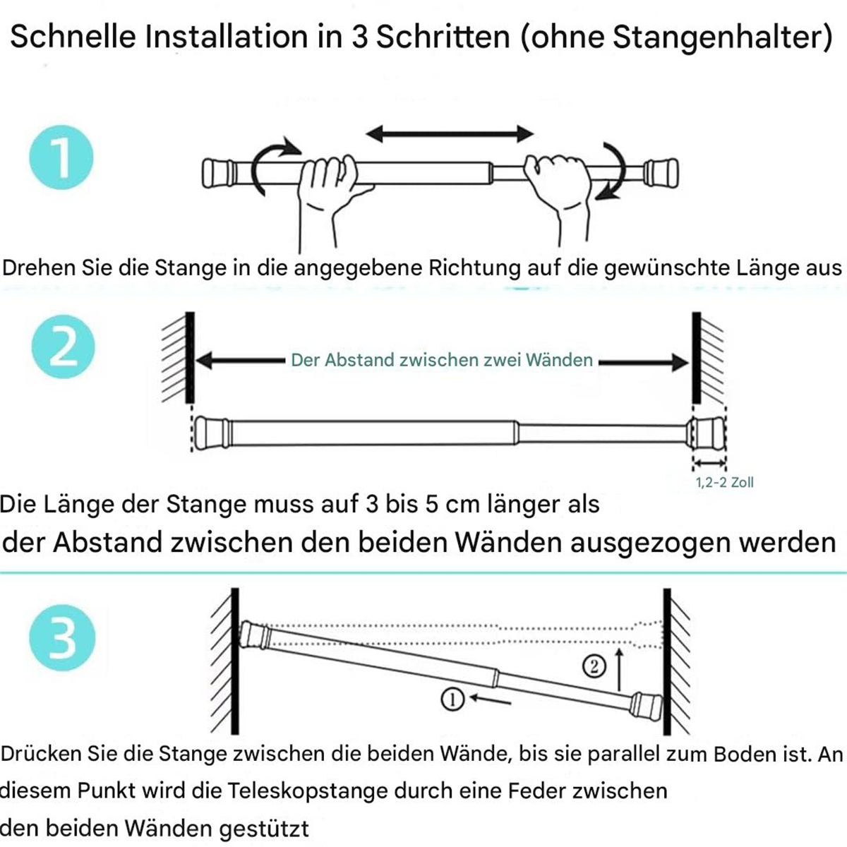 Anleitungsdiagramm zur Installation einer Spannstange. Zeigt Schritte zum Einstellen und Sichern der Stange.