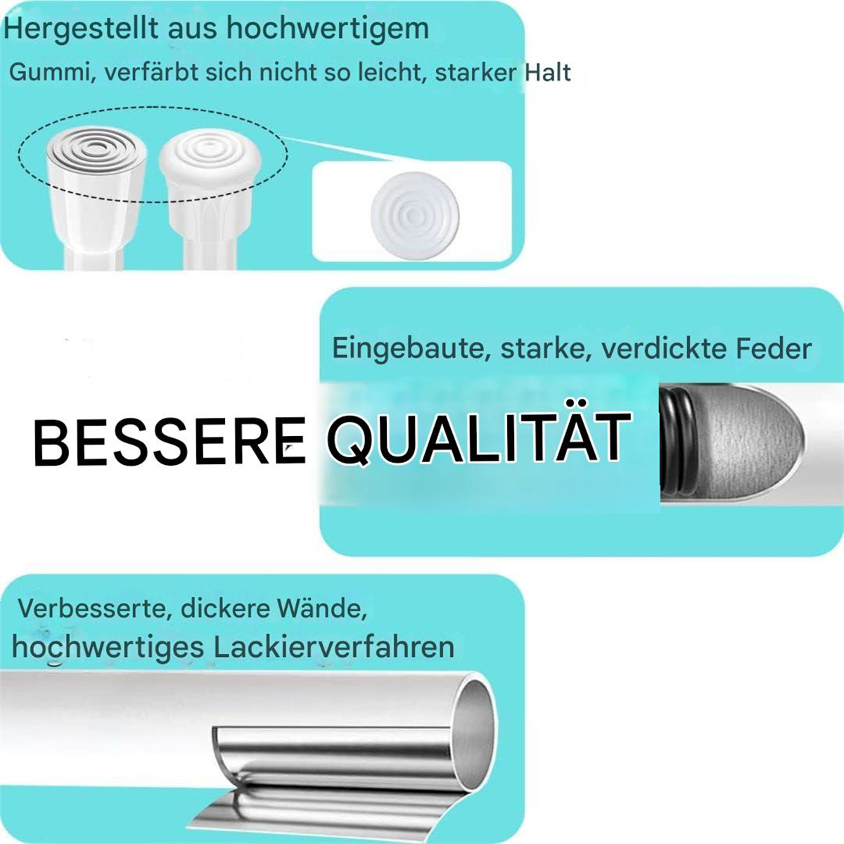 Diagramm, das Teile einer Duschvorhangstange zeigt. Text: bessere Qualität. Aus Gummi, stark, dicke Wände.