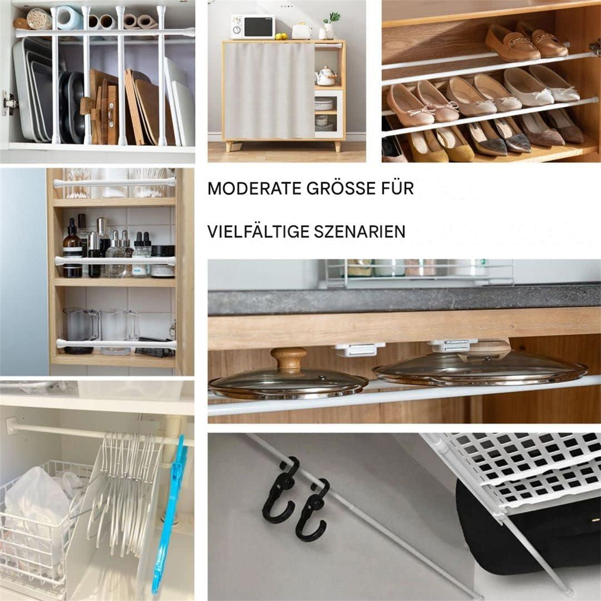Collage von Organisatoren für die Hausaufbewahrung. Enthält Schränke, Regale und Haken zur Organisation.