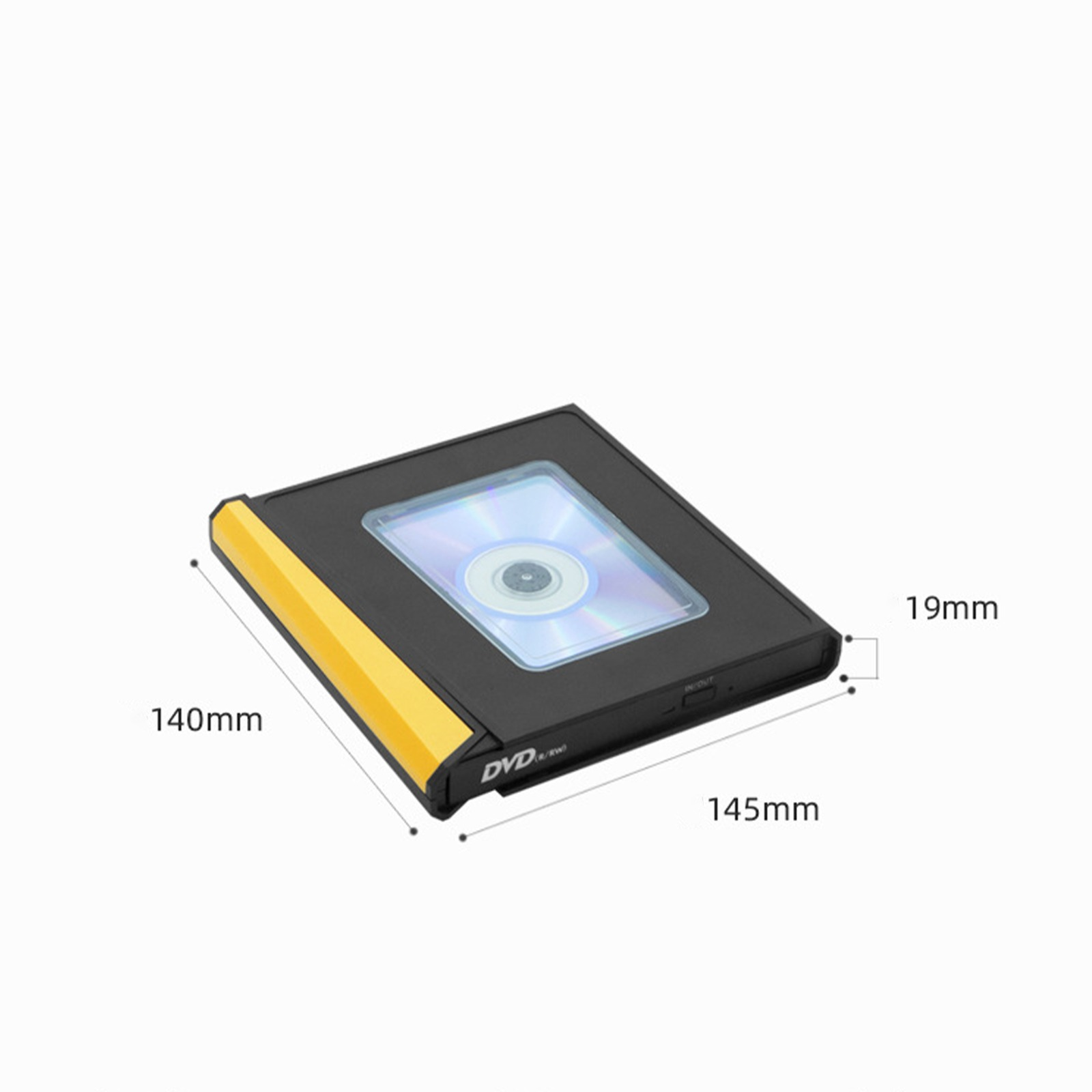 Schwarzes DVD/RW-Laufwerk mit gelber Seite. Abmessungen: 140 mm x 145 mm x 19 mm. Weißer Hintergrund.