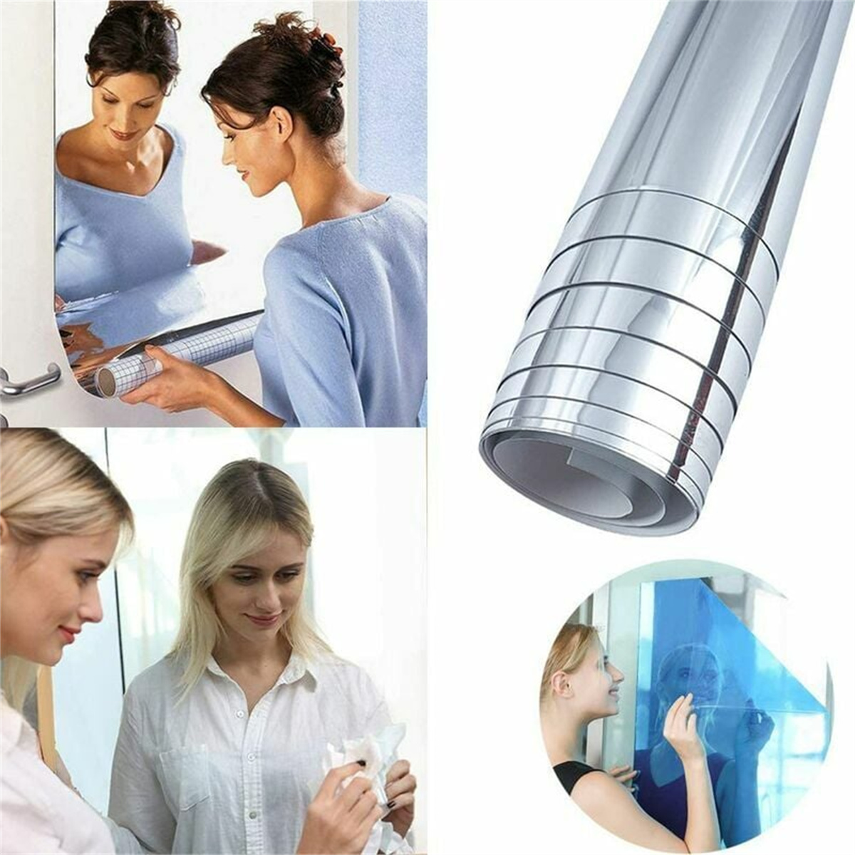 Frau, die Spiegelfolie anbringt. Andere Frauen im Spiegelbild. Silberne Filmrolle.