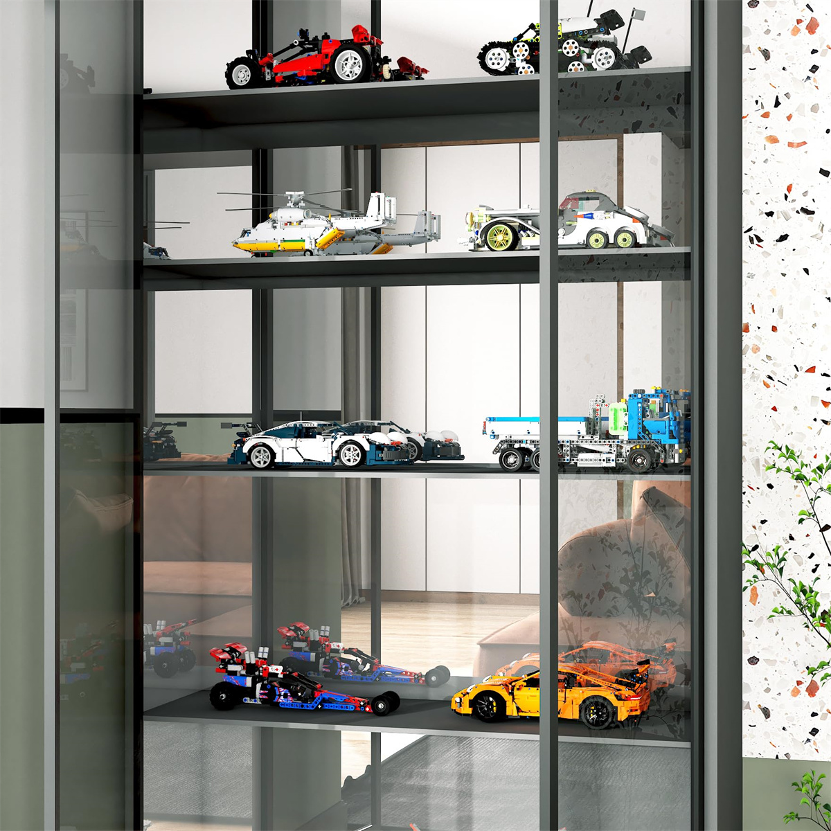 Eine Vitrine mit mehreren Regalen, gefüllt mit Spielzeugautos und Modellen.