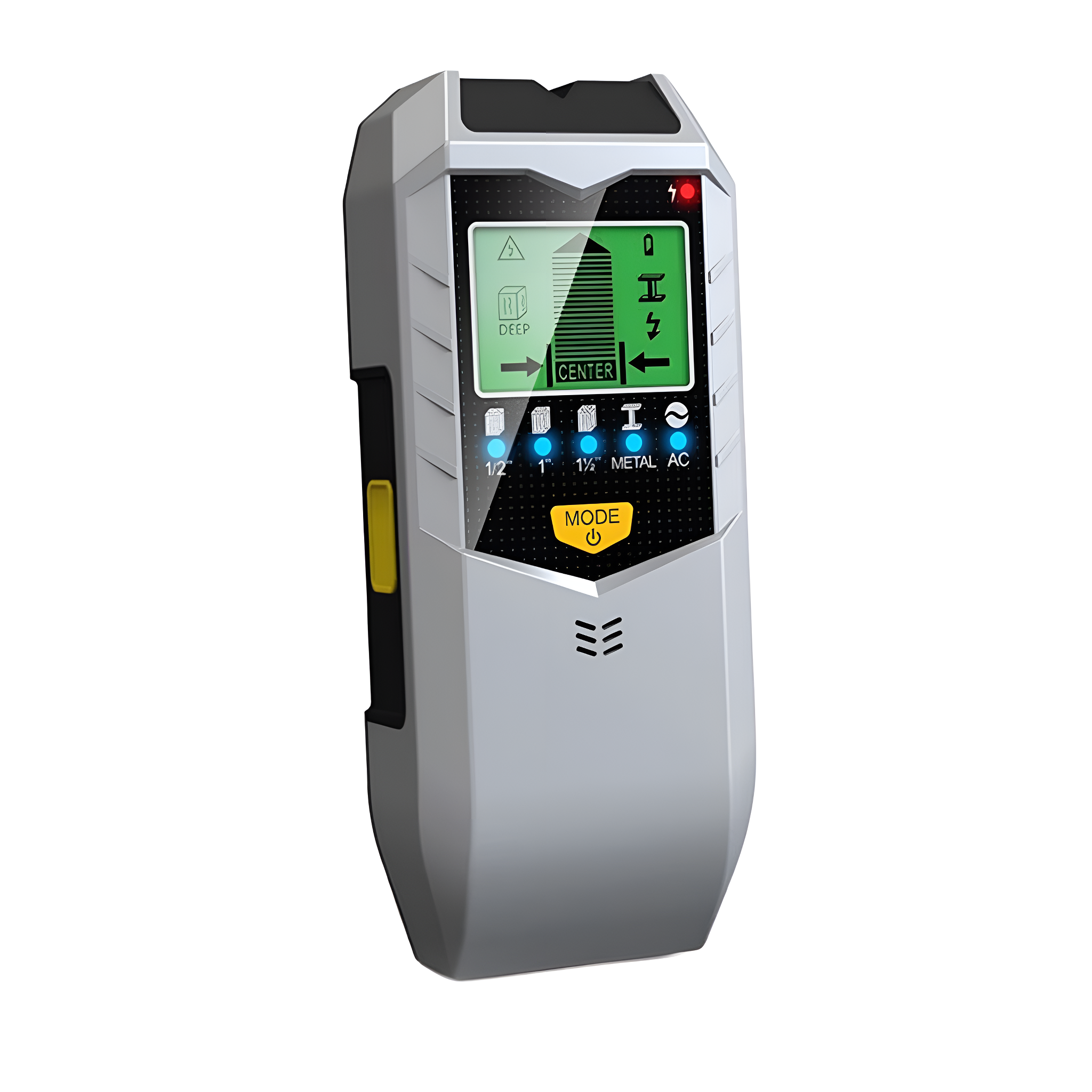 Silberner Wandscanner mit schwarzem Bildschirm. Hat Knöpfe und misst die Wand.