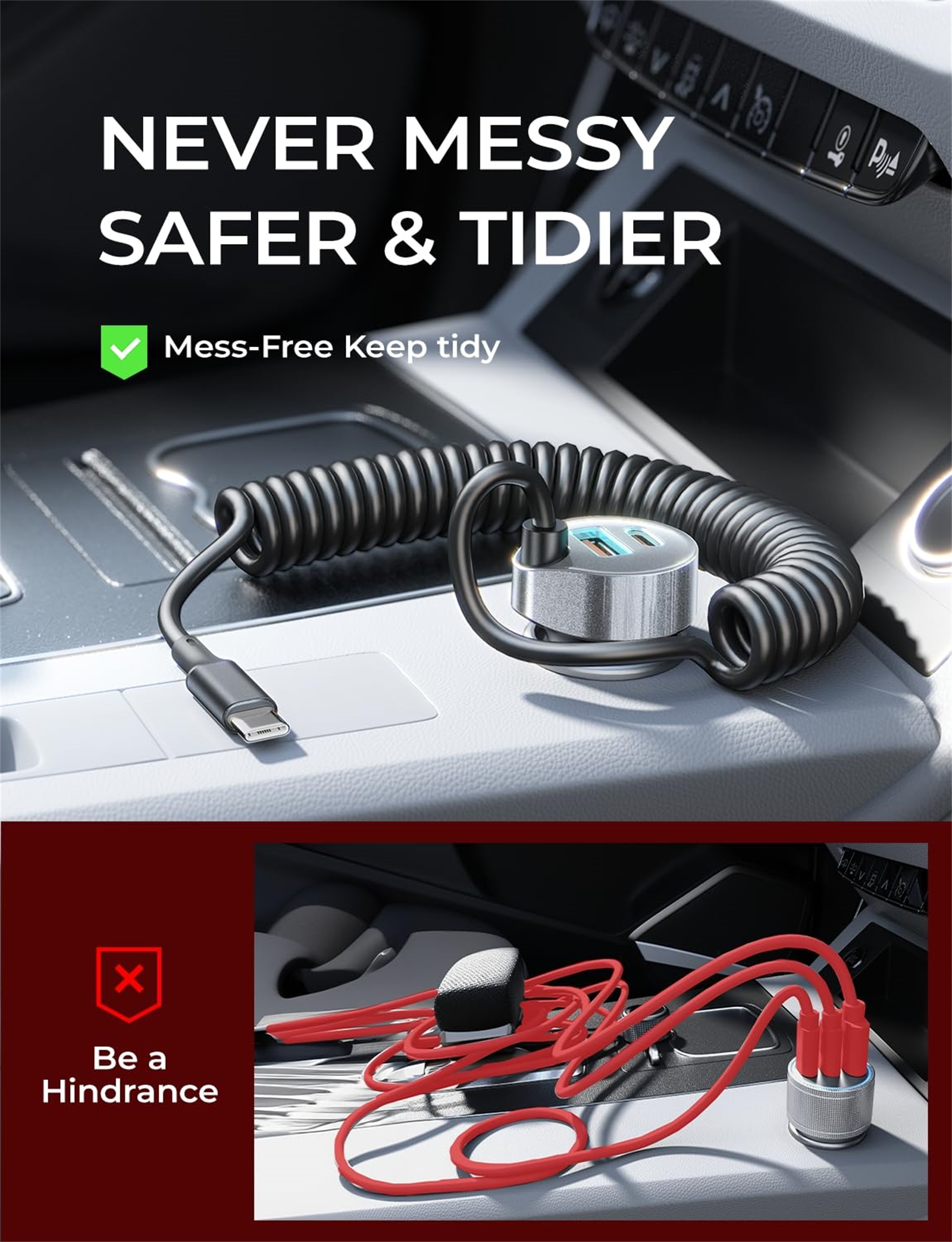 Autointerieur mit Ladekabel und dualem USB-Ladegerät. Unten werden rote, verhedderte Kabel gezeigt.