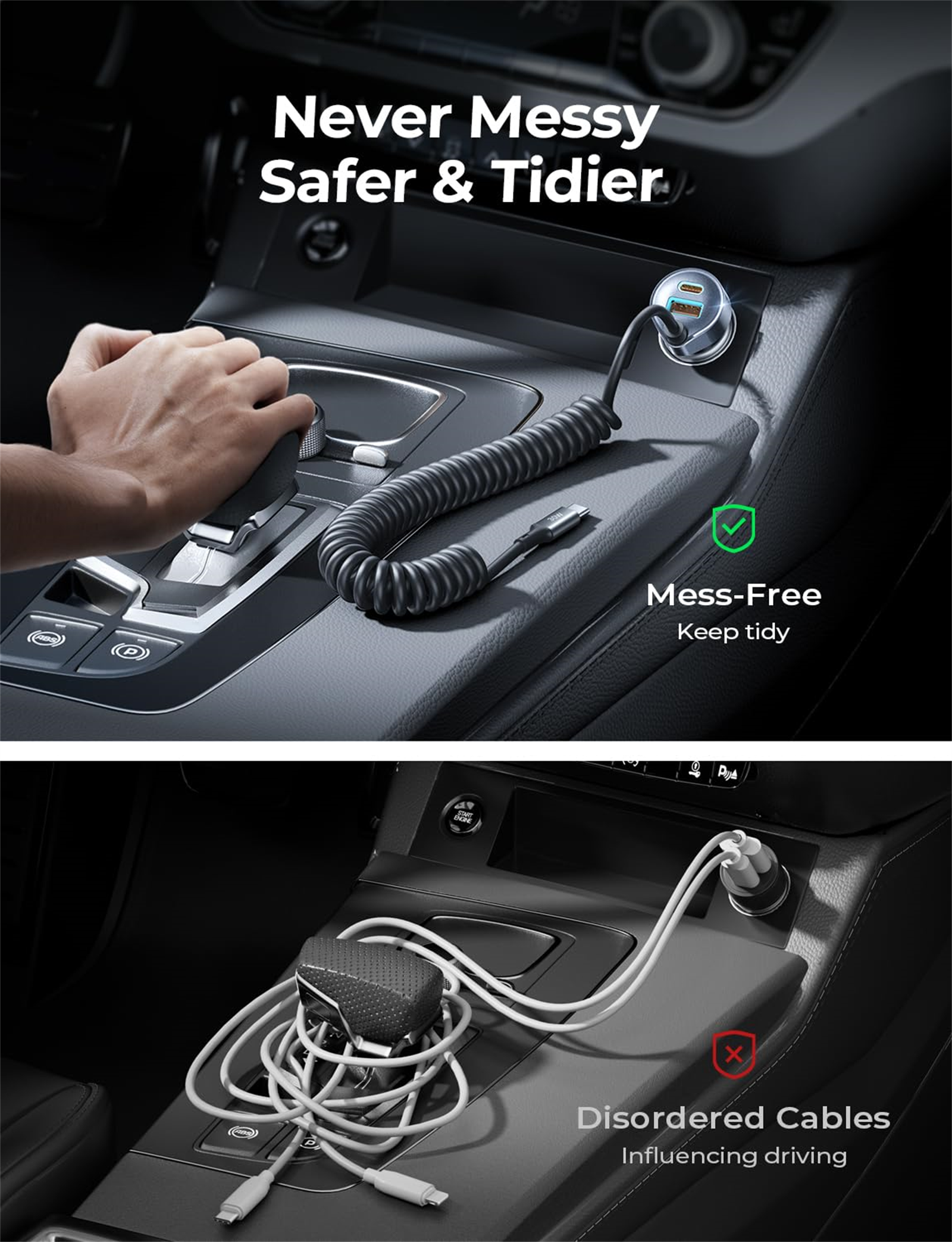 Autointerieur mit einem Telefonladegerätkabel, das geordnetes vs. ungeordnetes Kabelmanagement zeigt.