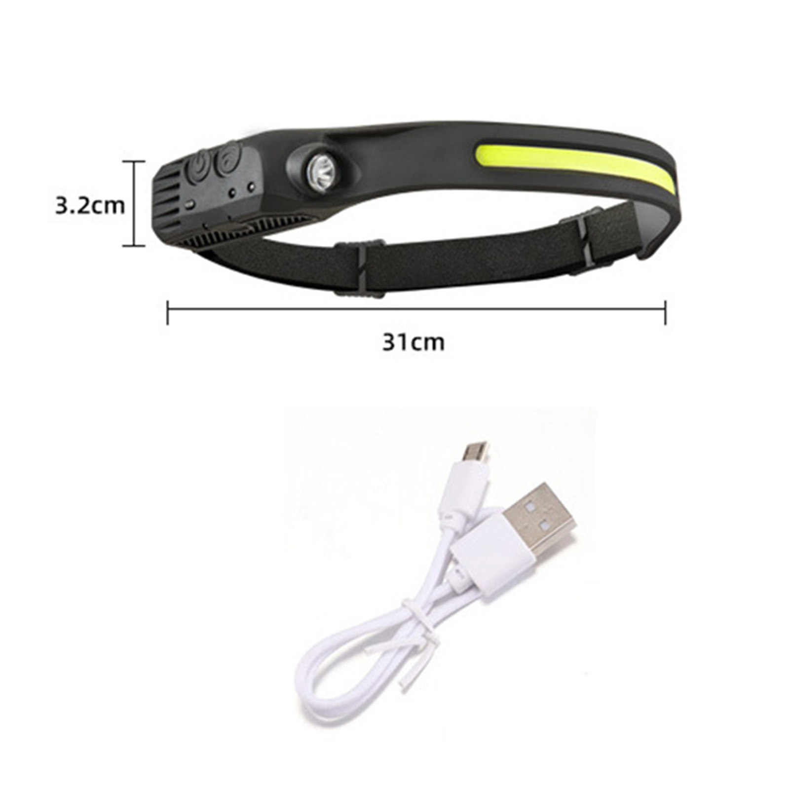 Schwarze Stirnlampe mit gelbem Streifen, Abmessungen. Ein weißes USB-Ladekabel ist ebenfalls im Bild.