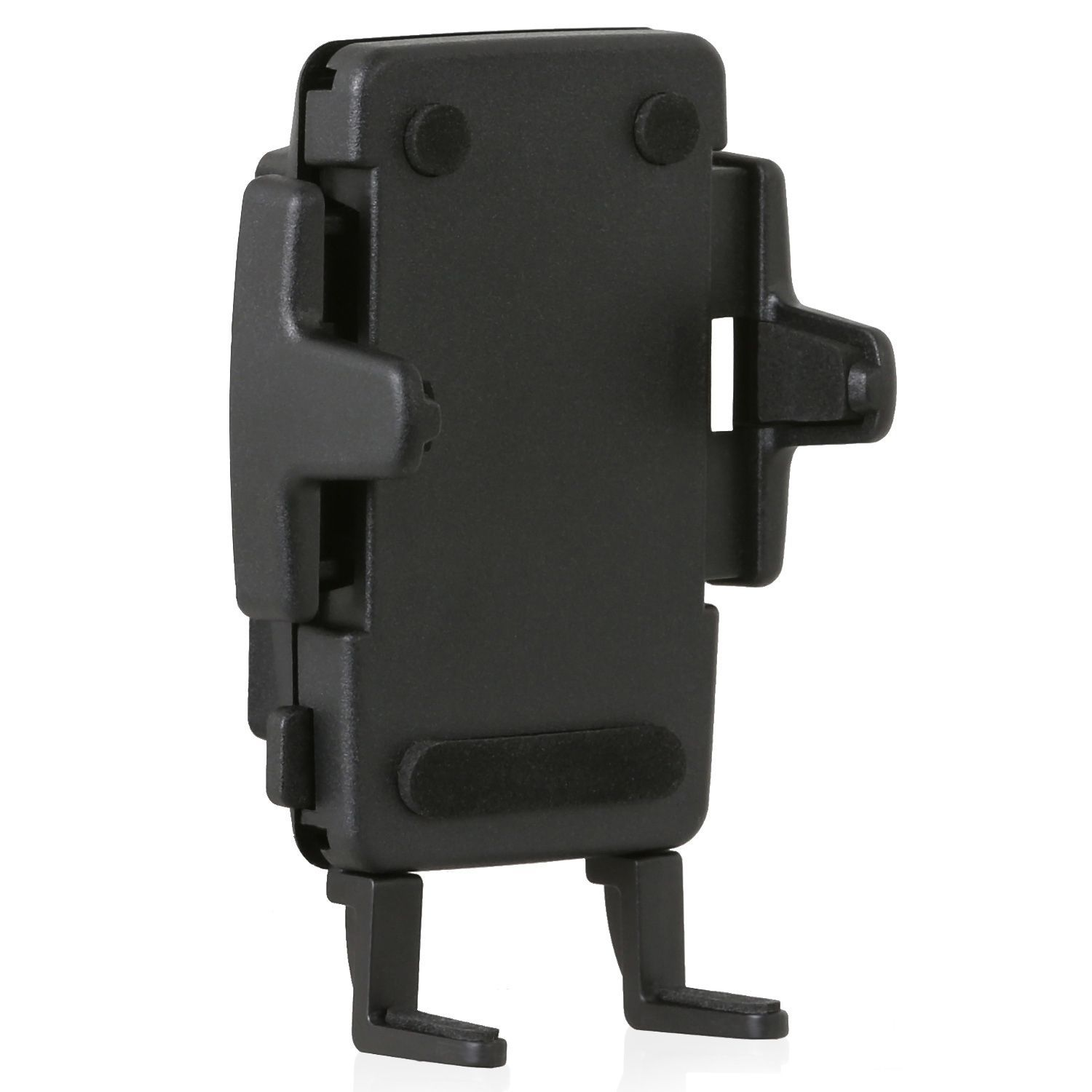 Schwarzer Telefonhalter für das Auto. Es hat ein Design mit verstellbaren Armen und zwei Beinen.