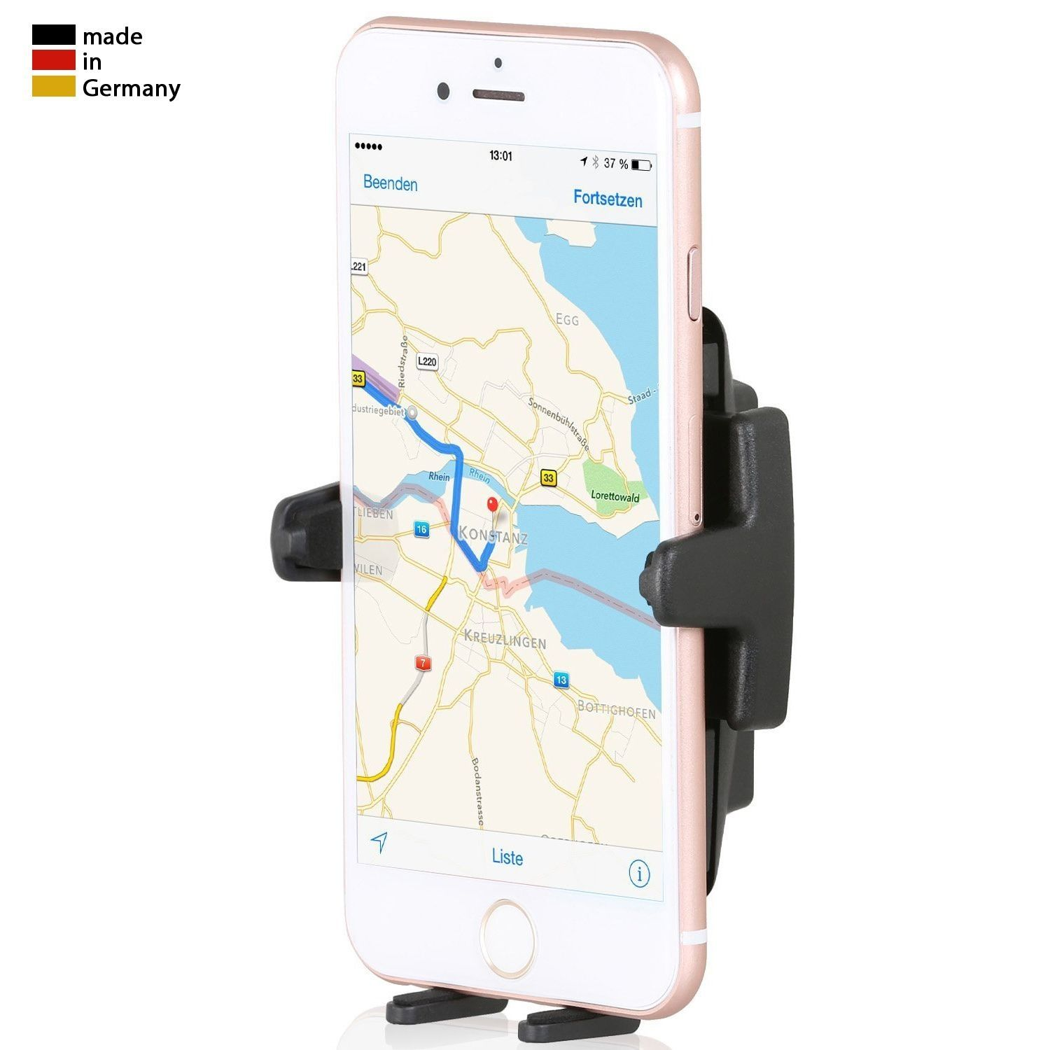 Ein Smartphone in einer Halterung zeigt eine Karte mit einer Route an. Hergestellt in Deutschland Etikett.