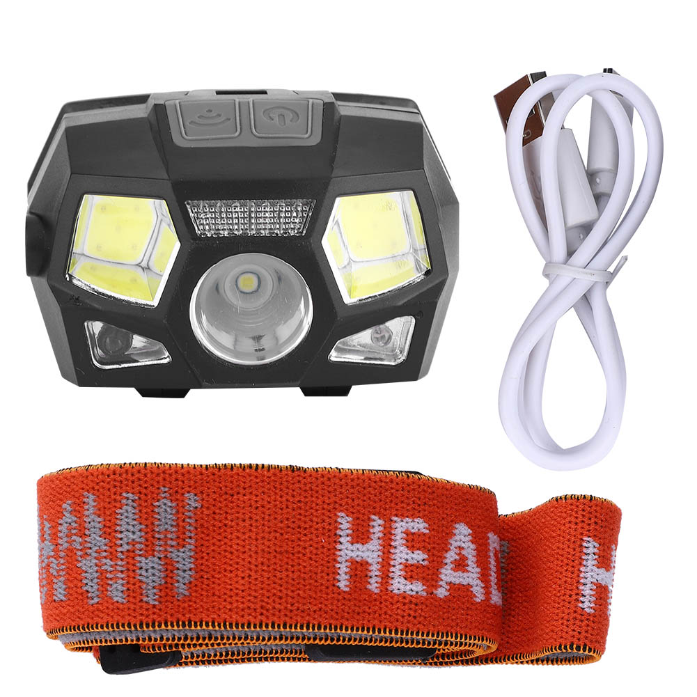 Schwarze Stirnlampe mit drei Lichtern, Kopfband und weißem USB-Kabel auf weißem Hintergrund.