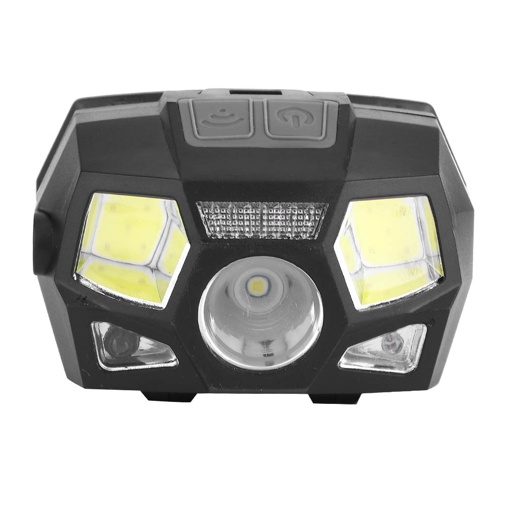 Nahaufnahme einer schwarzen Stirnlampe mit zwei Knöpfen. LED-Leuchten sind sichtbar.