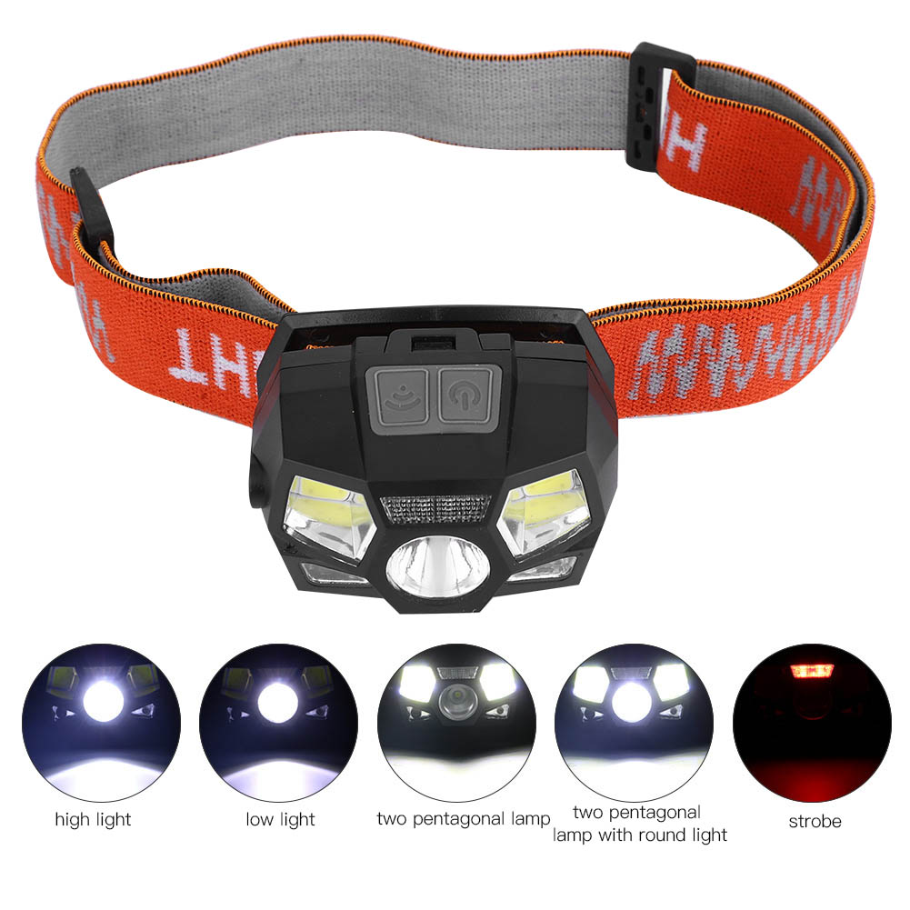 Schwarze Stirnlampe mit orangefarbenem Band, zeigt verschiedene Lichteinstellungen: hoch, niedrig und Stroboskop.