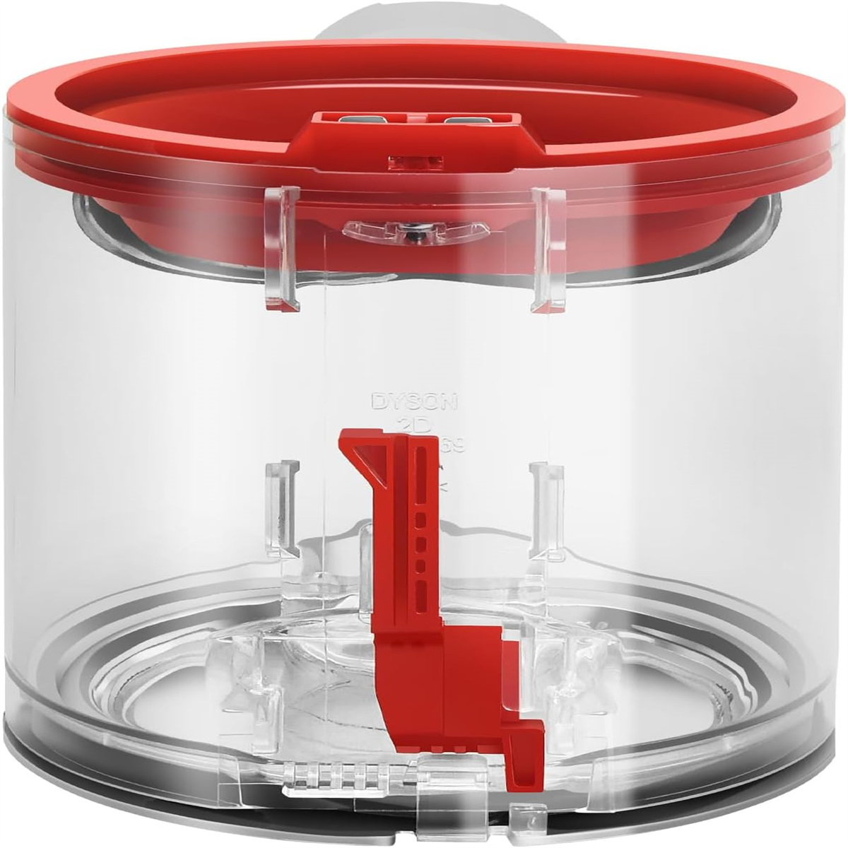 Ein transparenter Staubbehälter für Staubsauger mit rotem Griff und oberem Ring.