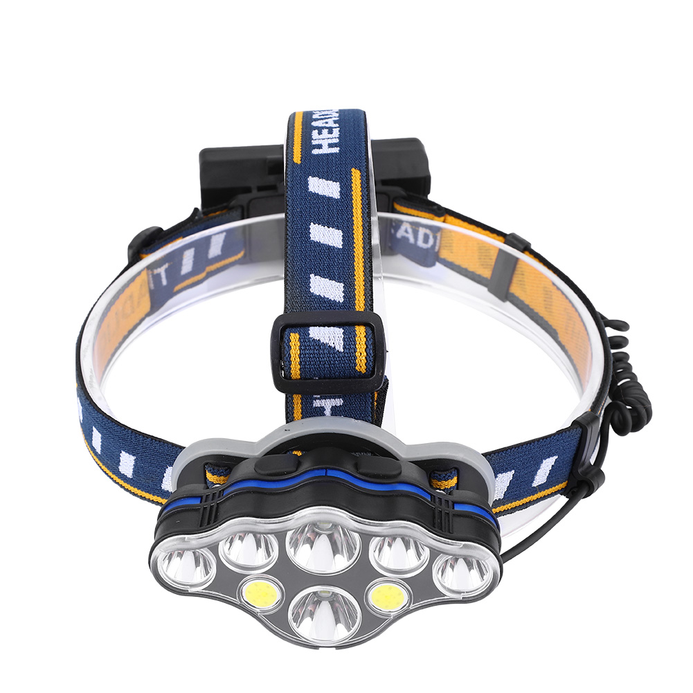 Stirnlampe mit mehreren LED-Leuchten. Stirnband ist blau und gelb. Schwarzes und graues Gehäuse mit Kabel.