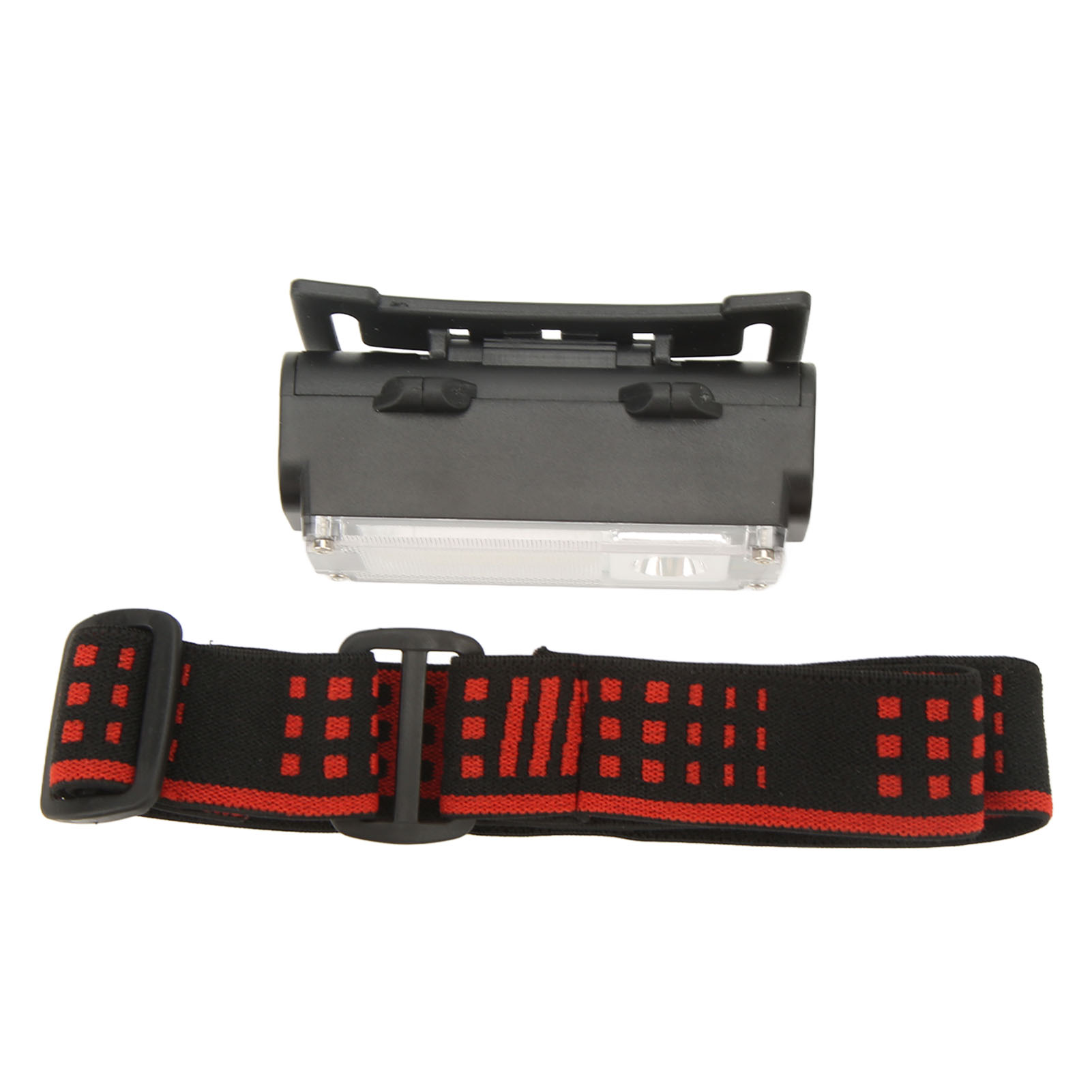 Schwarze Stirnlampe mit klarem Lichtpanel und rotem und schwarzem Stirnband.