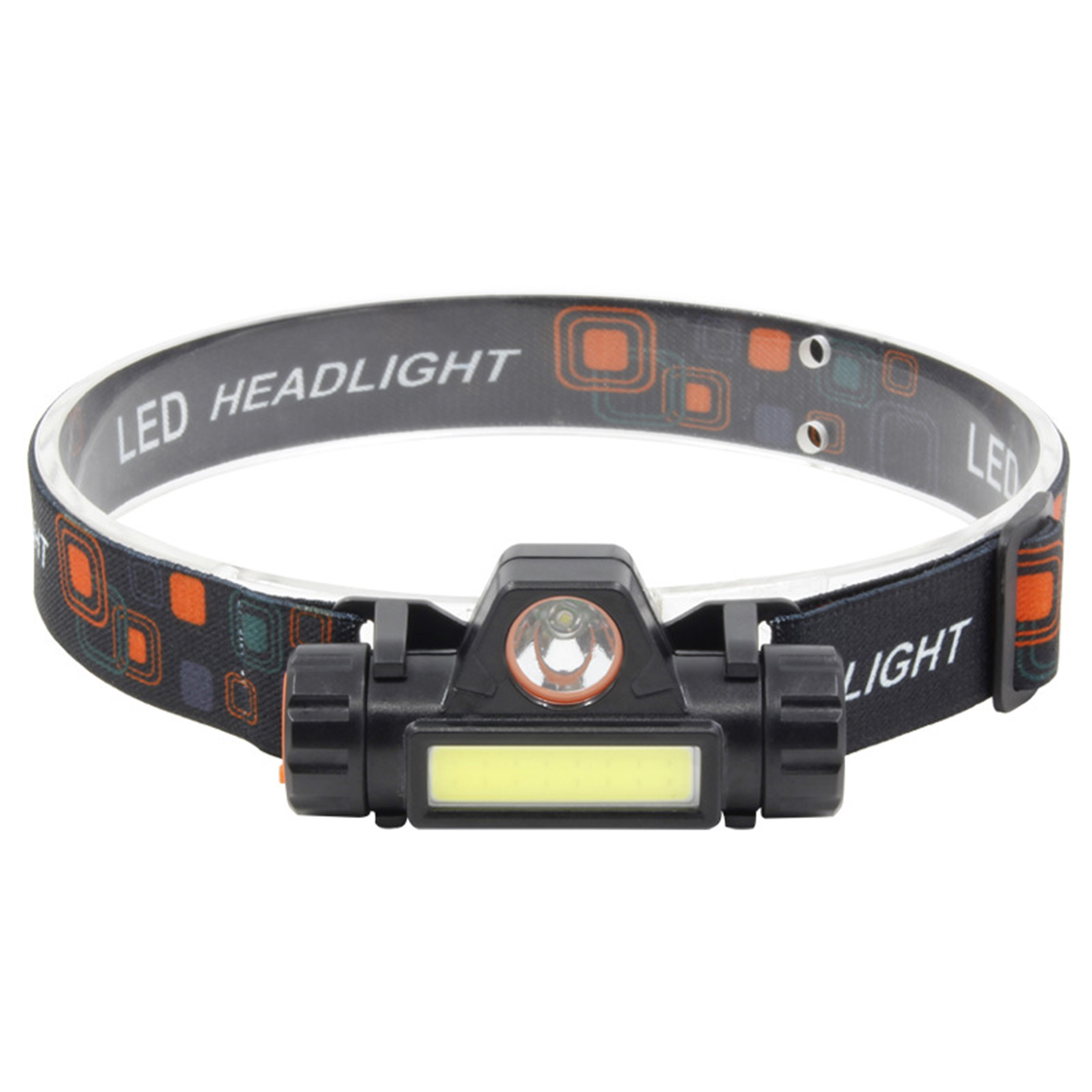 Schwarze LED-Stirnlampe. Schwarz-orange gemusterter Riemen. LED- und COB-Leuchten.