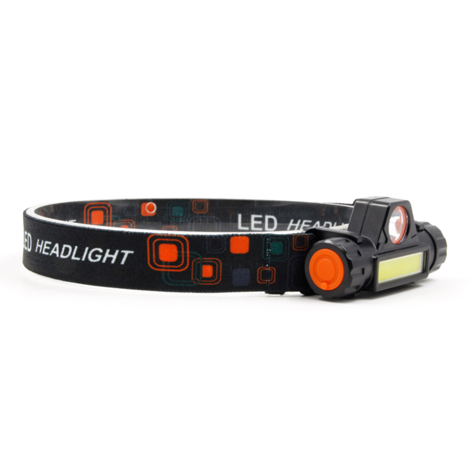 Schwarzer LED-Scheinwerfer mit orangefarbener Taste und schwarzem und weißem Stirnband auf weißem Hintergrund.