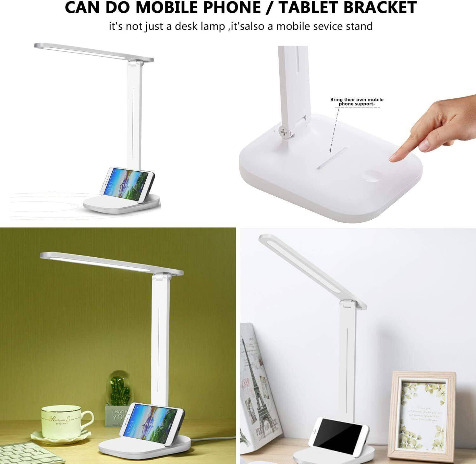 Weiße Schreibtischlampe mit Telefon und dem Text 'mobile phone/tablet bracket'.