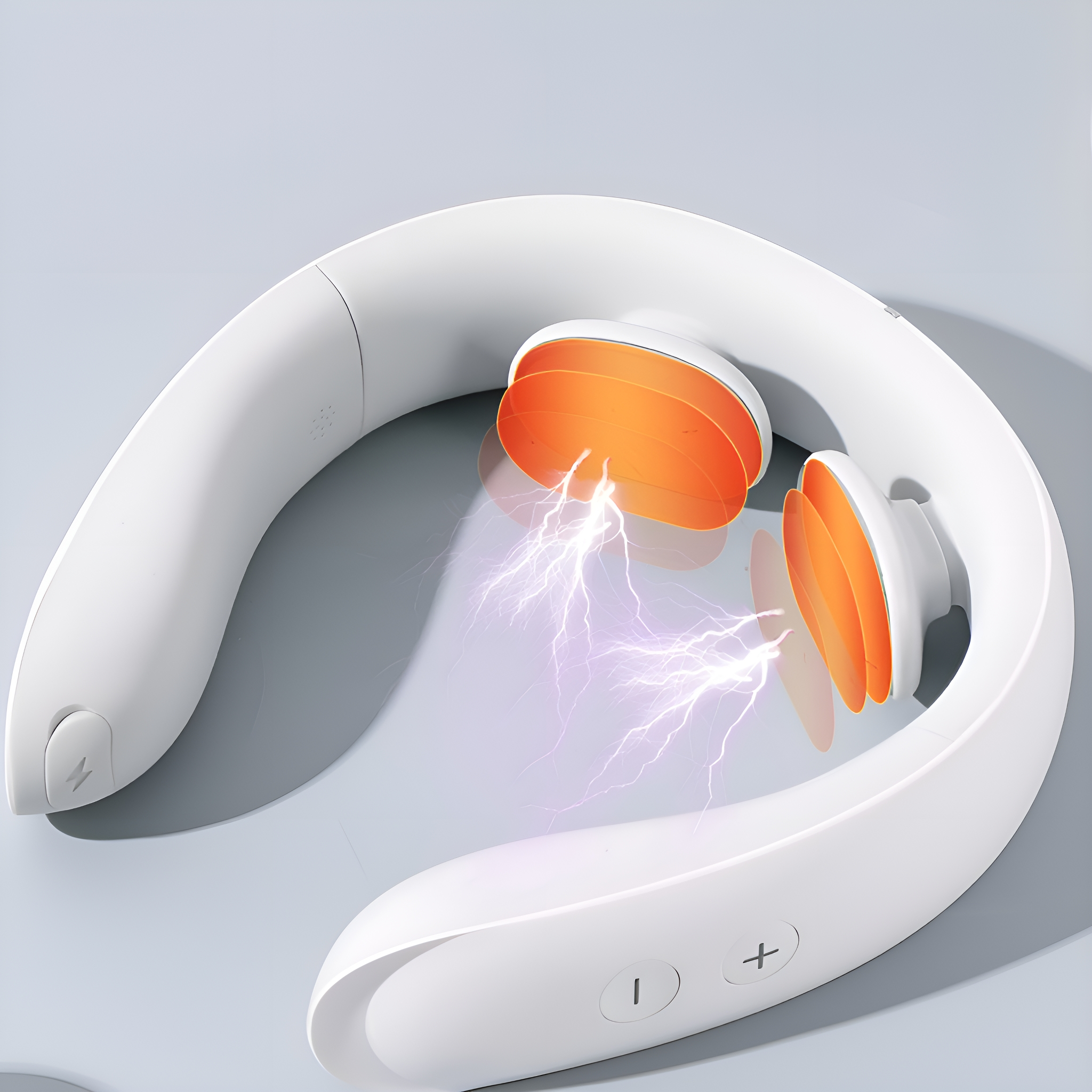 Ein weißes Nackenmassagegerät mit orangefarbenen Pads und elektrischen Funken. Knöpfe sind sichtbar.