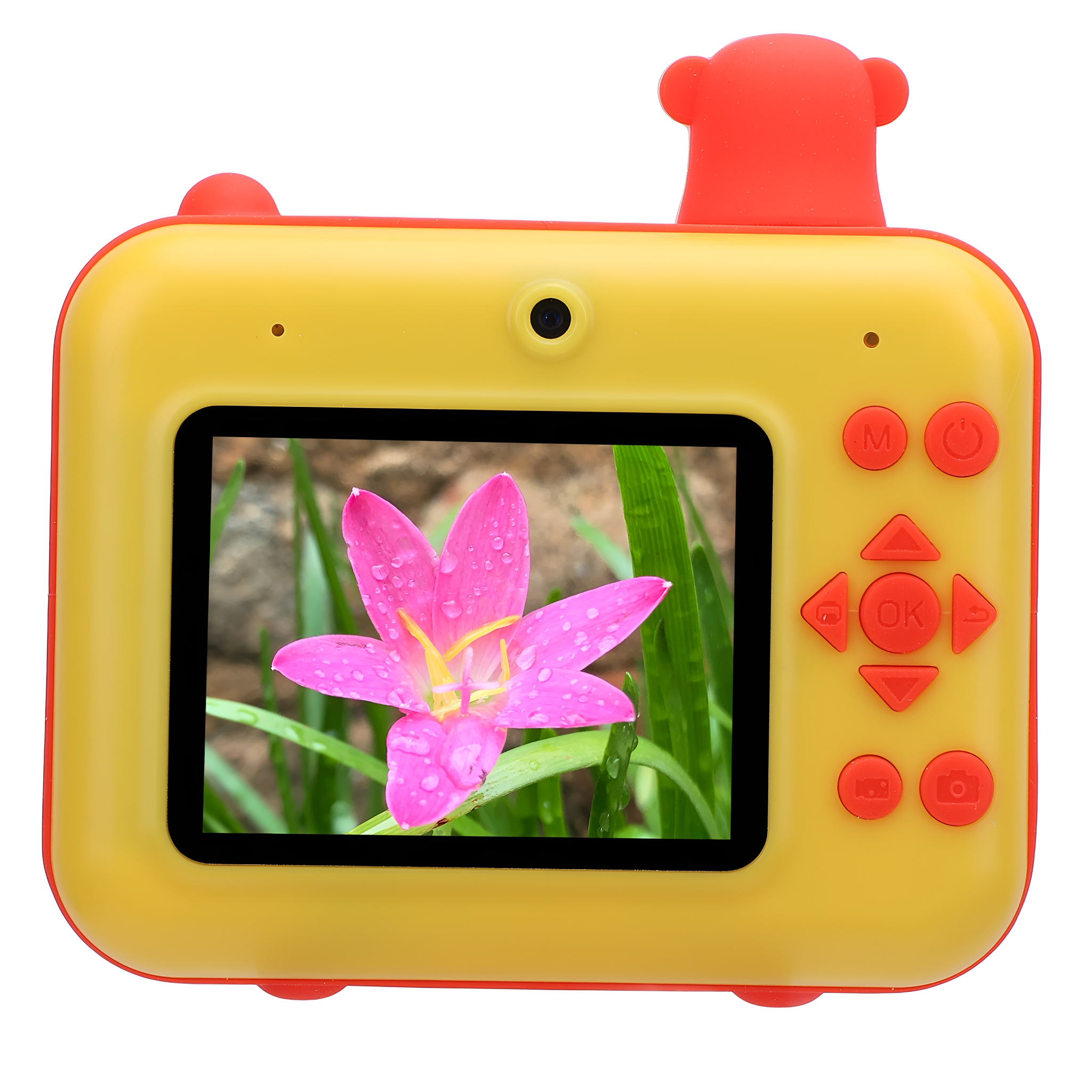 Eine gelb-rote Spielzeugkamera mit Bildschirm, auf dem eine rosa Blume angezeigt wird.