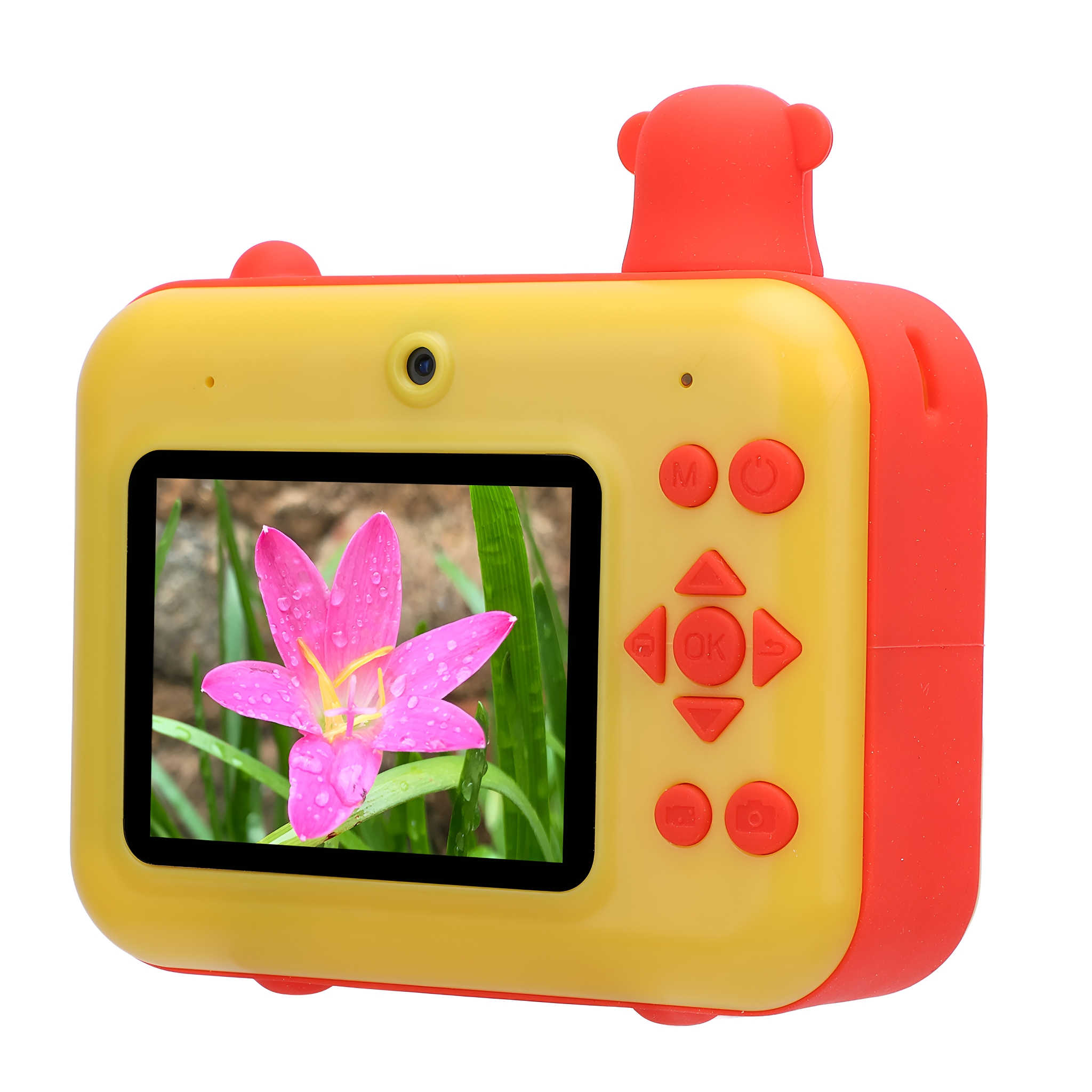 Gelb-rote Spielzeugkamera mit Bildschirm, der eine rosa Blume zeigt. Knöpfe und ein Gurt.