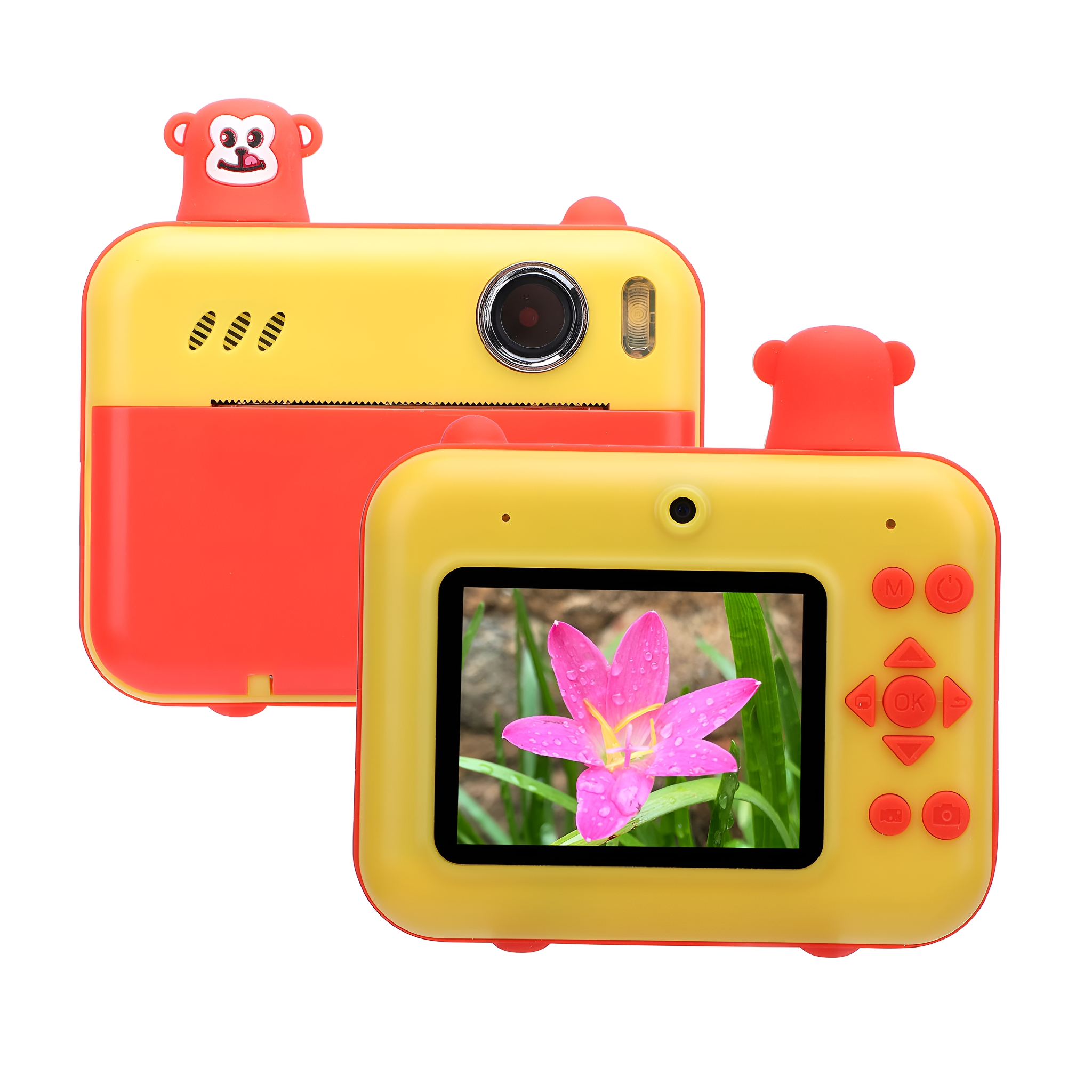 Eine gelb-rote Spielzeugkamera mit einer rosa Blume auf dem Bildschirm und einem Affengesicht.