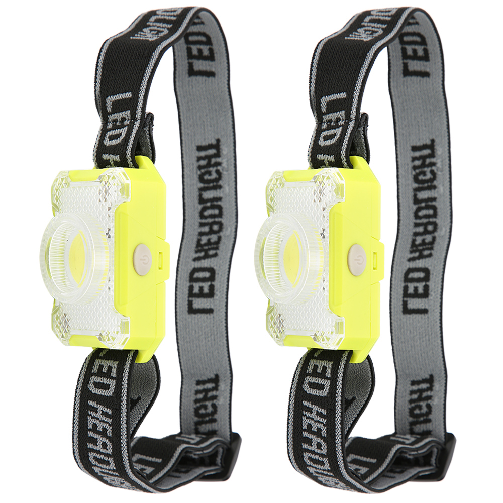Zwei gelbe Stirnlampen mit schwarzen Riemen. Jede Stirnlampe hat ein zentrales Licht und einen Knopf.