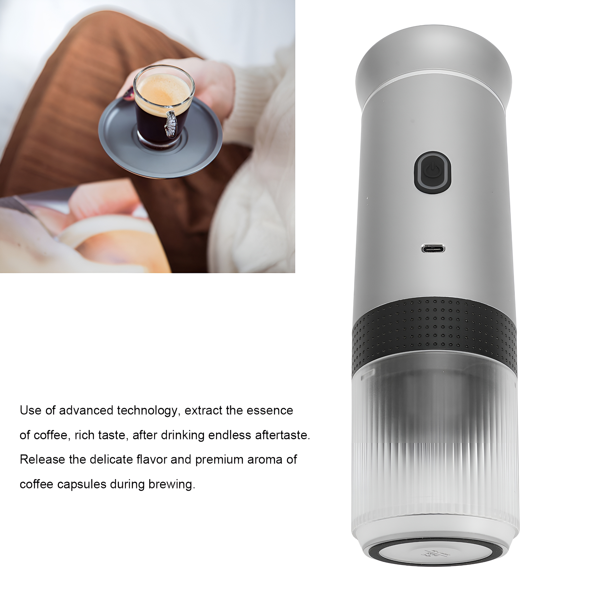 Silberne Kaffeemaschine mit Kaffeetasse, Maschine hat transparenten Behälter und Ein/Aus-Taste.