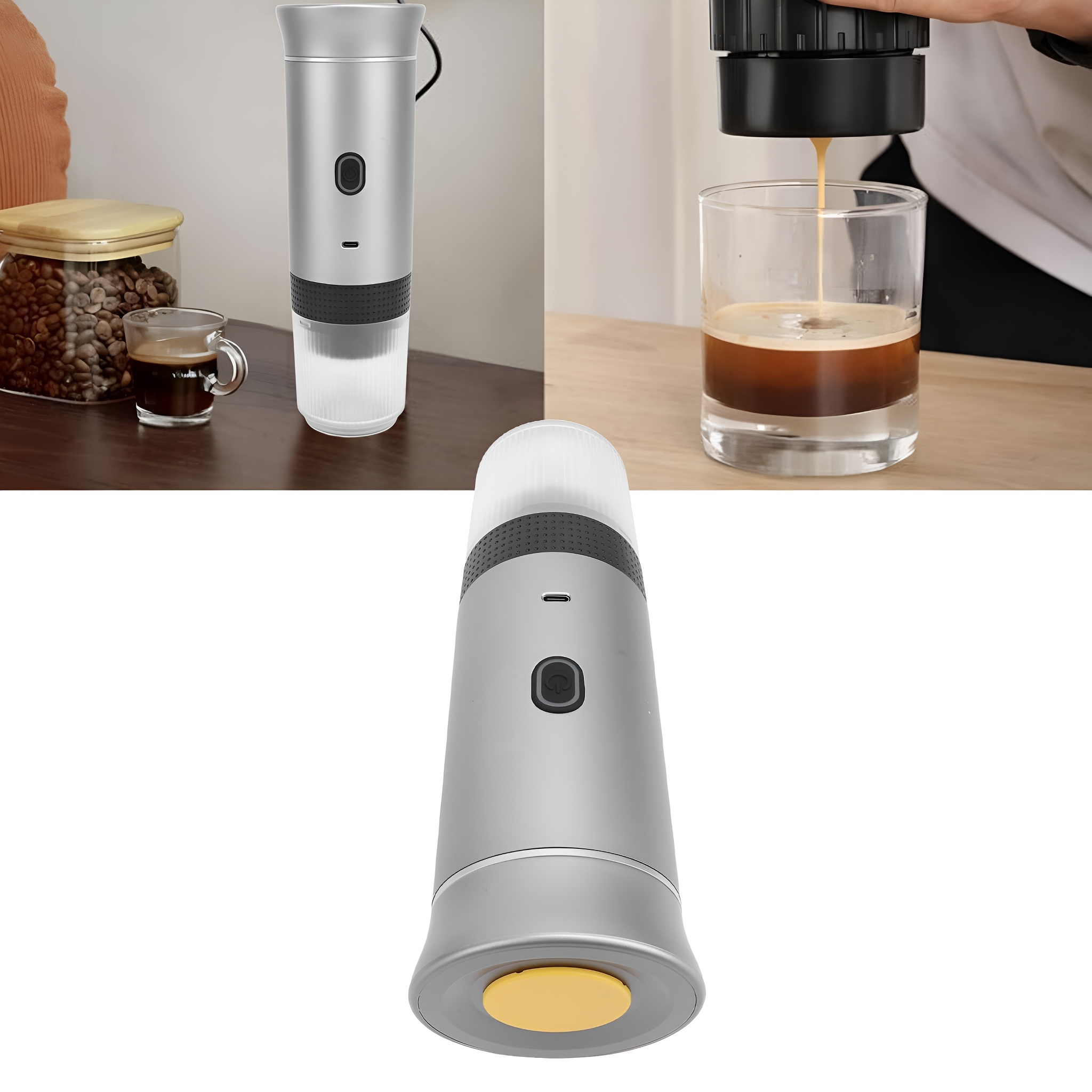 Silberne tragbare Espressomaschine, Kaffee wird in ein Glas gegossen. Mehrere Ansichten.