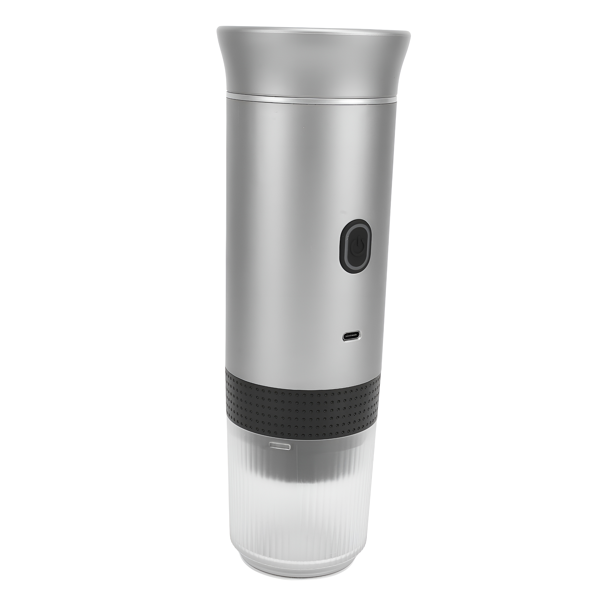 Silbernes zylindrisches Gerät mit schwarzem Ober- und Unterteil. Es ist weiß, mit USB-Anschluss.