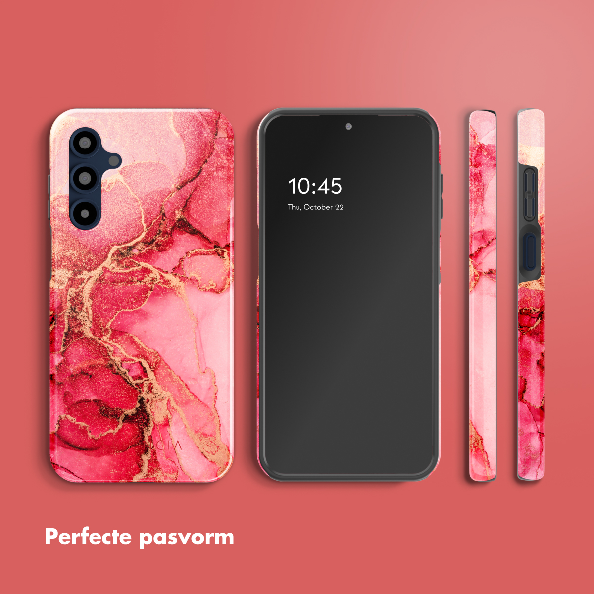 Un telefono con una custodia in marmo rosa e tre viste aggiuntive della custodia.