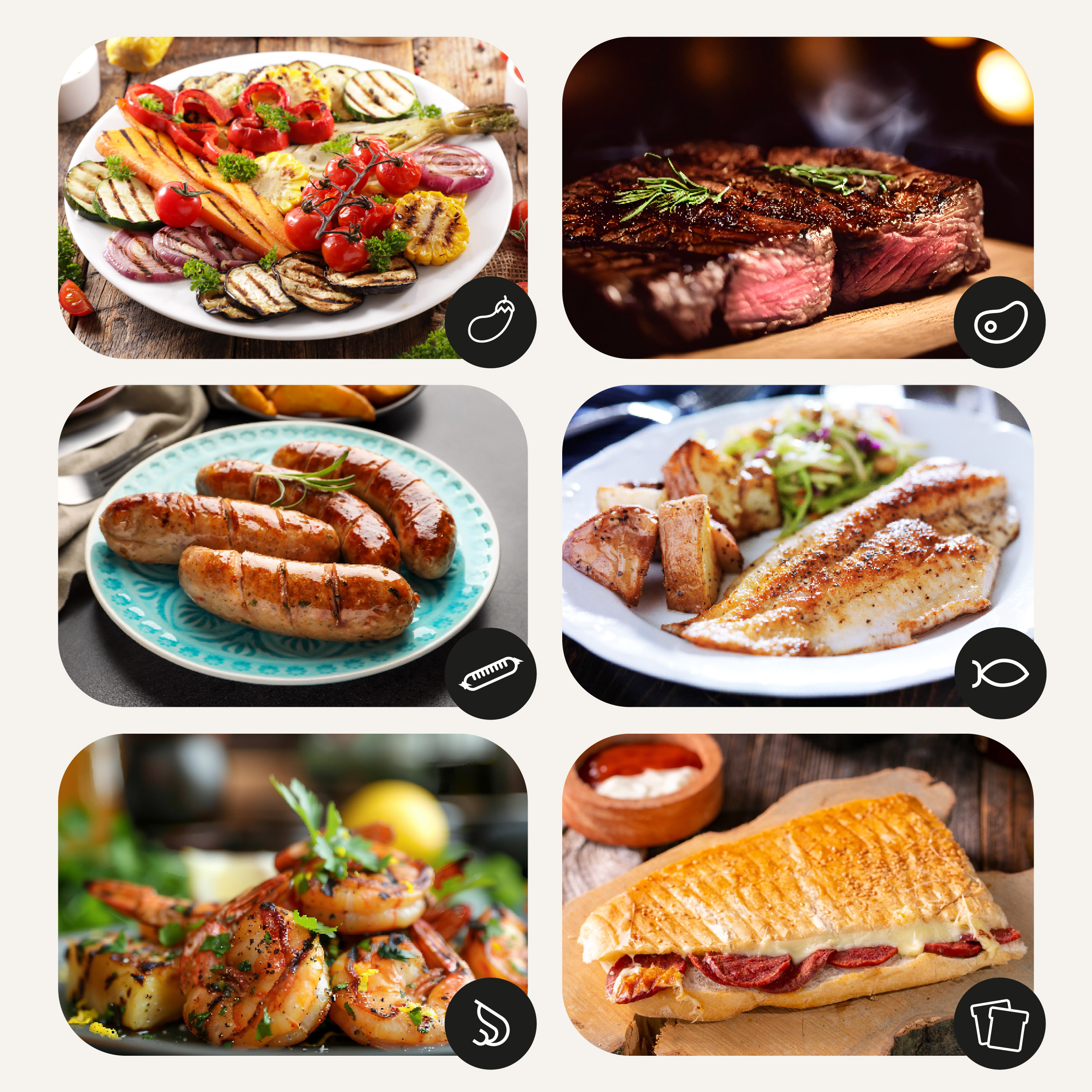 Eine Collage von gekochtem Essen: gegrilltes Gemüse, Steak, Würstchen, Fisch, Garnelen und ein Sandwich.