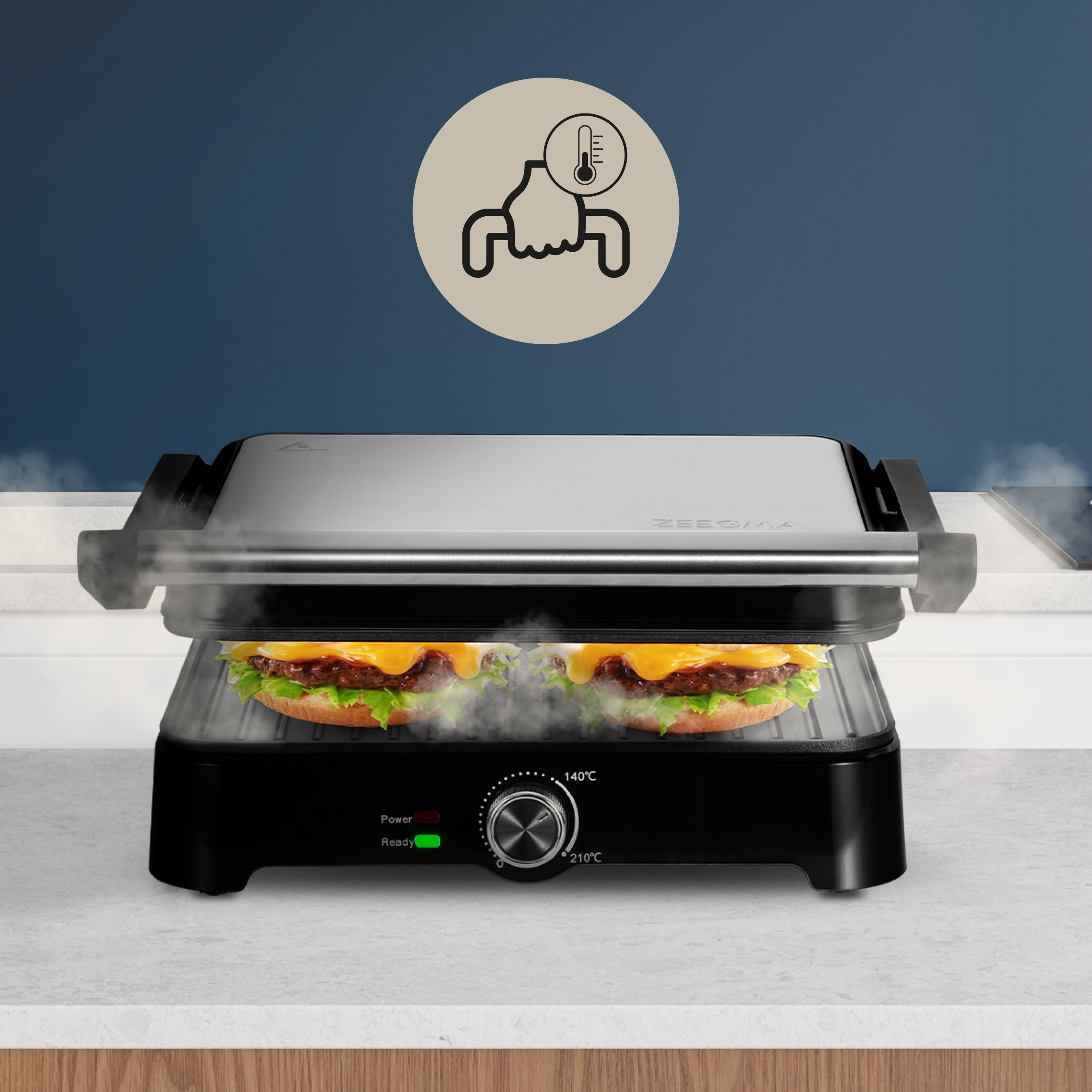 Elektrischer Grill mit bratenen Burgern, Thermometer-Symbol und Temperatureinstellungen.