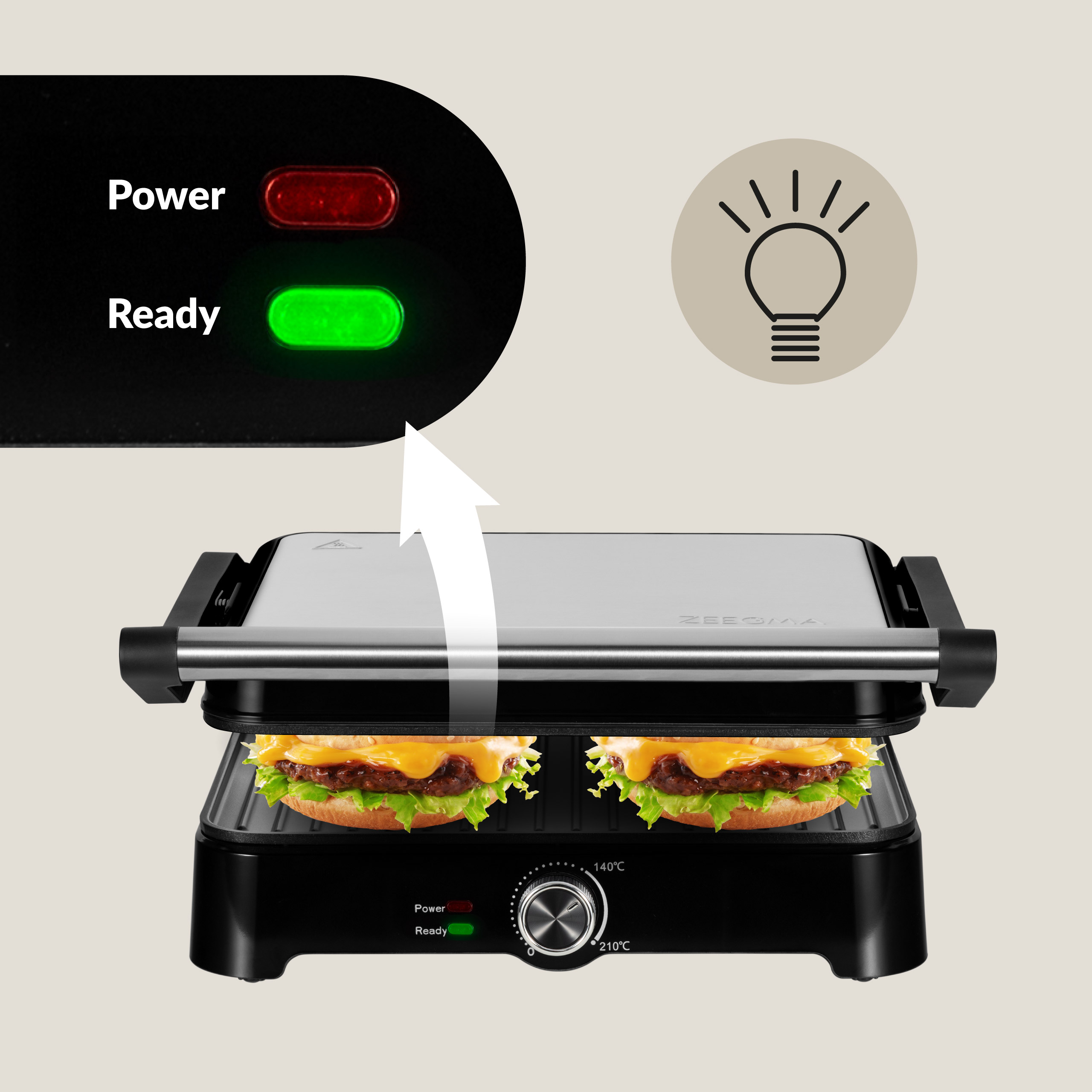 Ein schwarzer und silberner Grill mit zwei Burgern, mit Strom- und Bereitschaftsleuchten.