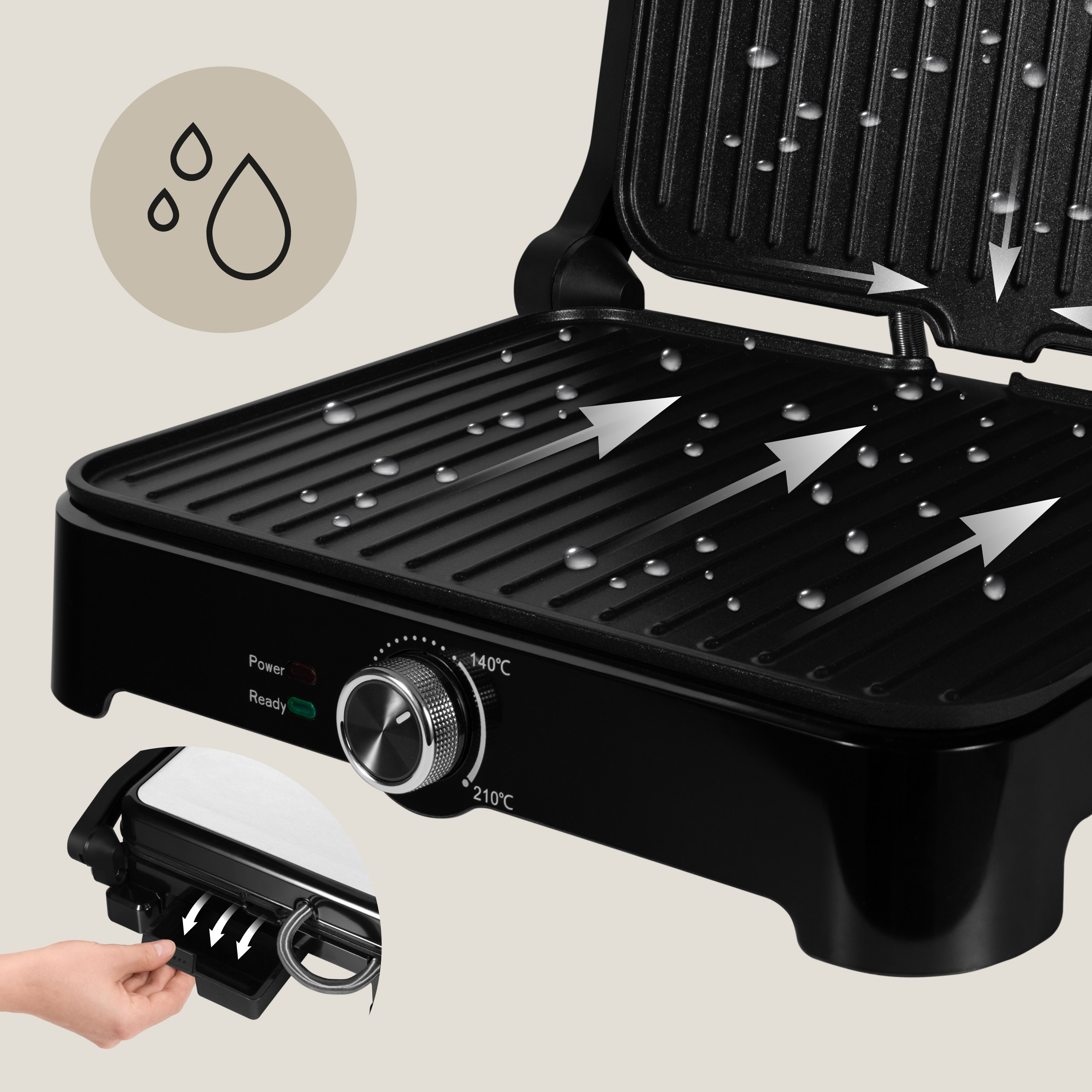 Ein schwarzer, geschlossener Panini-Grill mit Wassertröpfchen und Pfeilen, die Dampf und Temperatur anzeigen.